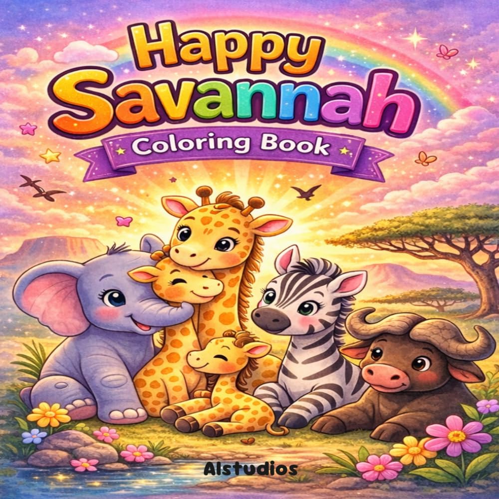 Happy Savannah Coloring Book: Cute African Animals Coloring Book for Kids | Elephants, Giraffes, Zebras, Lions and More | Fun and Relaxing Activity Book for Boys and Girls