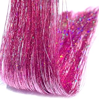 Pink Fairy Tinsel Hair Extensions With Tool 800 Strands 47 Inch Shining Pink Hair Tinsel Heat Resistant Sparkling Hair Glitter for Women and Girls Easy to Use(Shining Pink)
