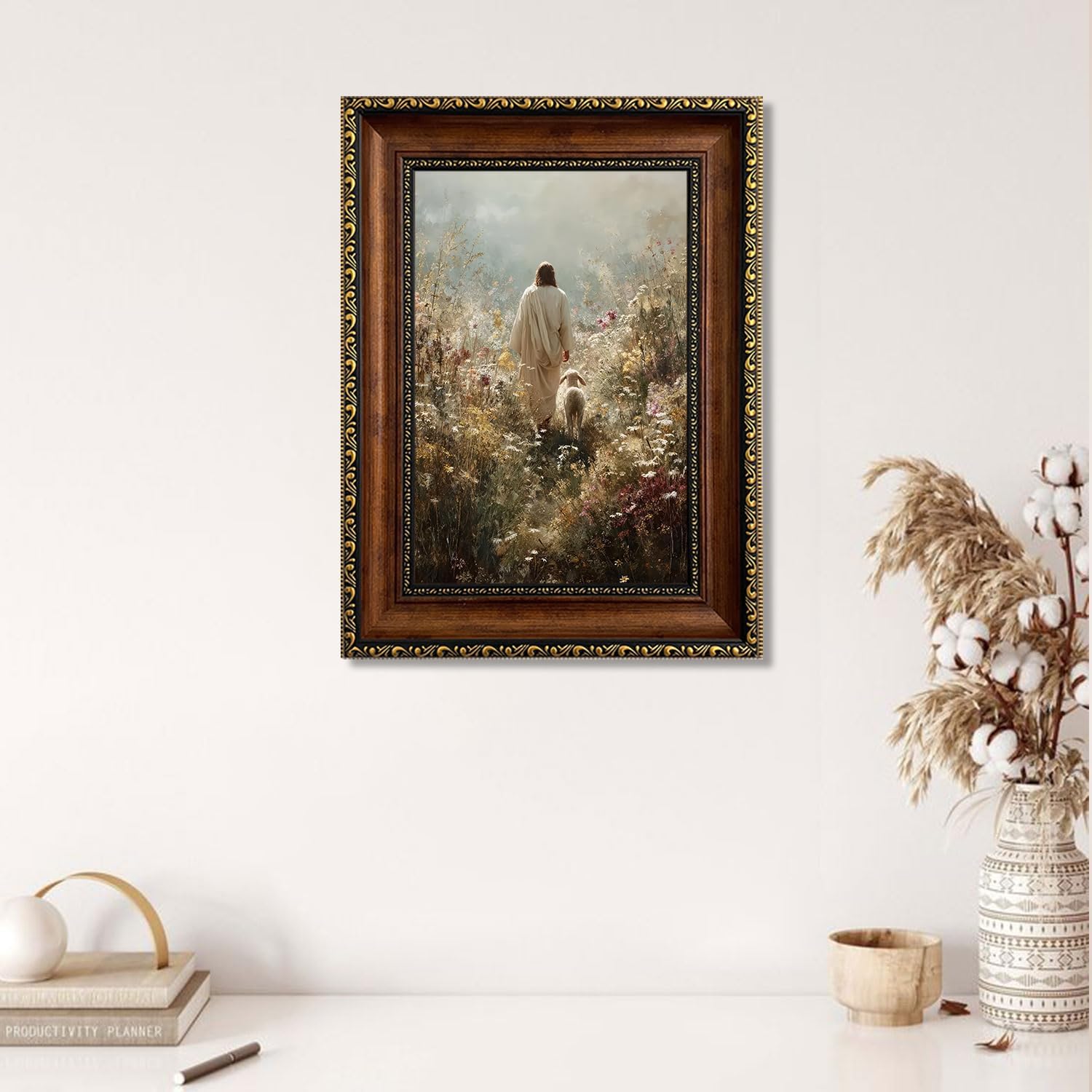 Jesus Leaves the 99 Sheep Canvas Wall Art Christian Wildflowers Wall Decor Pictures Lost Sheep Religious Bible Poster Prints for Living Room Bedroom Office Home Decoration 12X16 in Ready to Hang