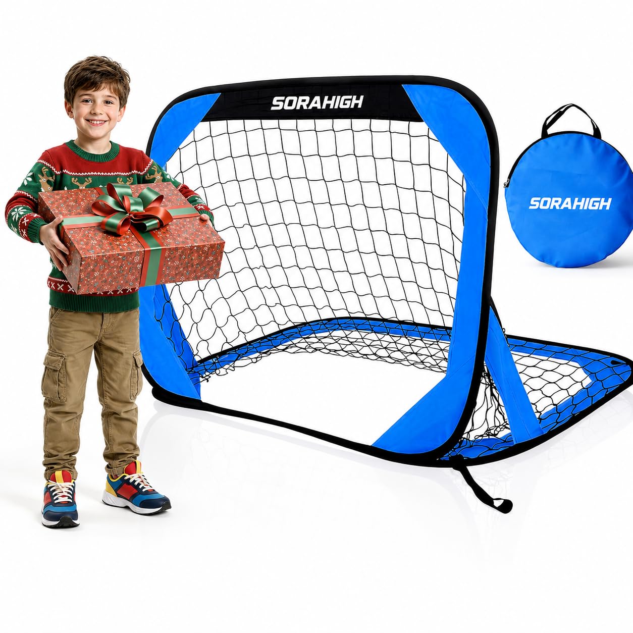 Kids Football Goals for Garden – Mini Soccer Goal Set with Ball & Pump or 124 x 63cm Pop Up Football Net with Carry Bag & Ground Pegs, Portable Indoor Outdoor Training Goal for Children (Blue)