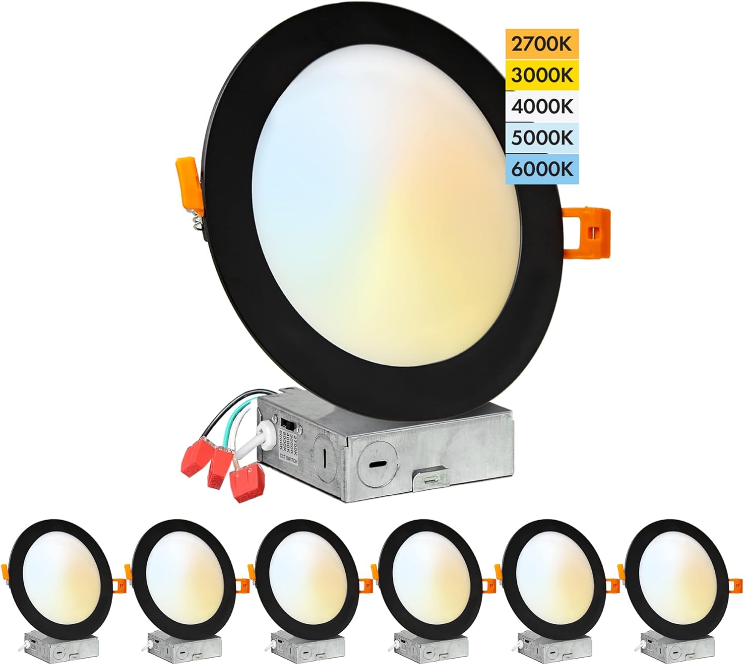 PROCURU Professional 6-Pack 6-Inch 2700K-6000K 5CCT Color Selectable, Dark Brown Trim, Ultra-Thin LED Recessed Ceiling Downlight with J-Box, Dimmable Downlight, 12Watt (Dark Brown)