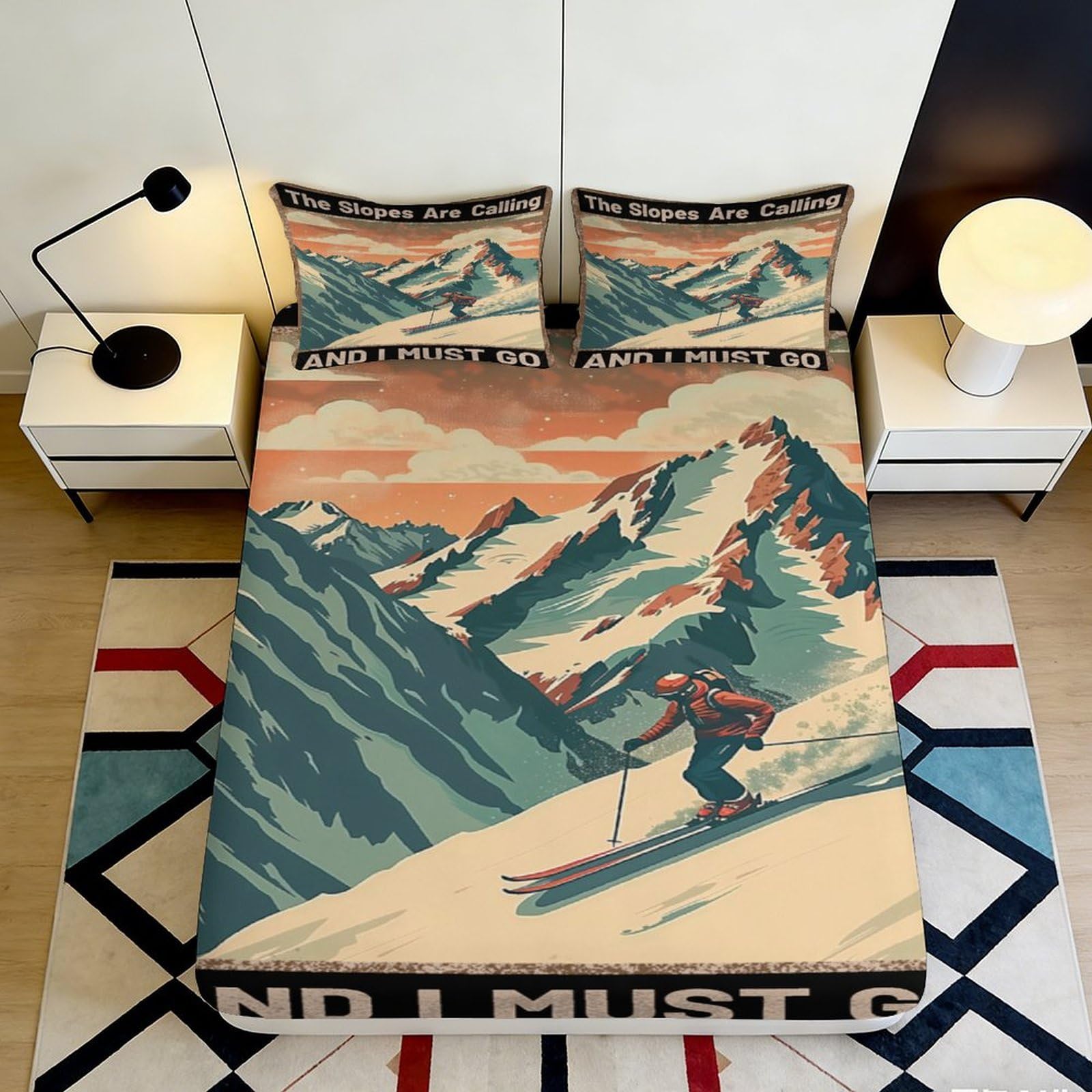 3D Printed Mountain Skiing Fitted Sheet Microfiber Soft Breathable Snow Slope Bed Cover for Bedroom Dormitory Guest Room Mattress Protection Decor 180x200x25cm