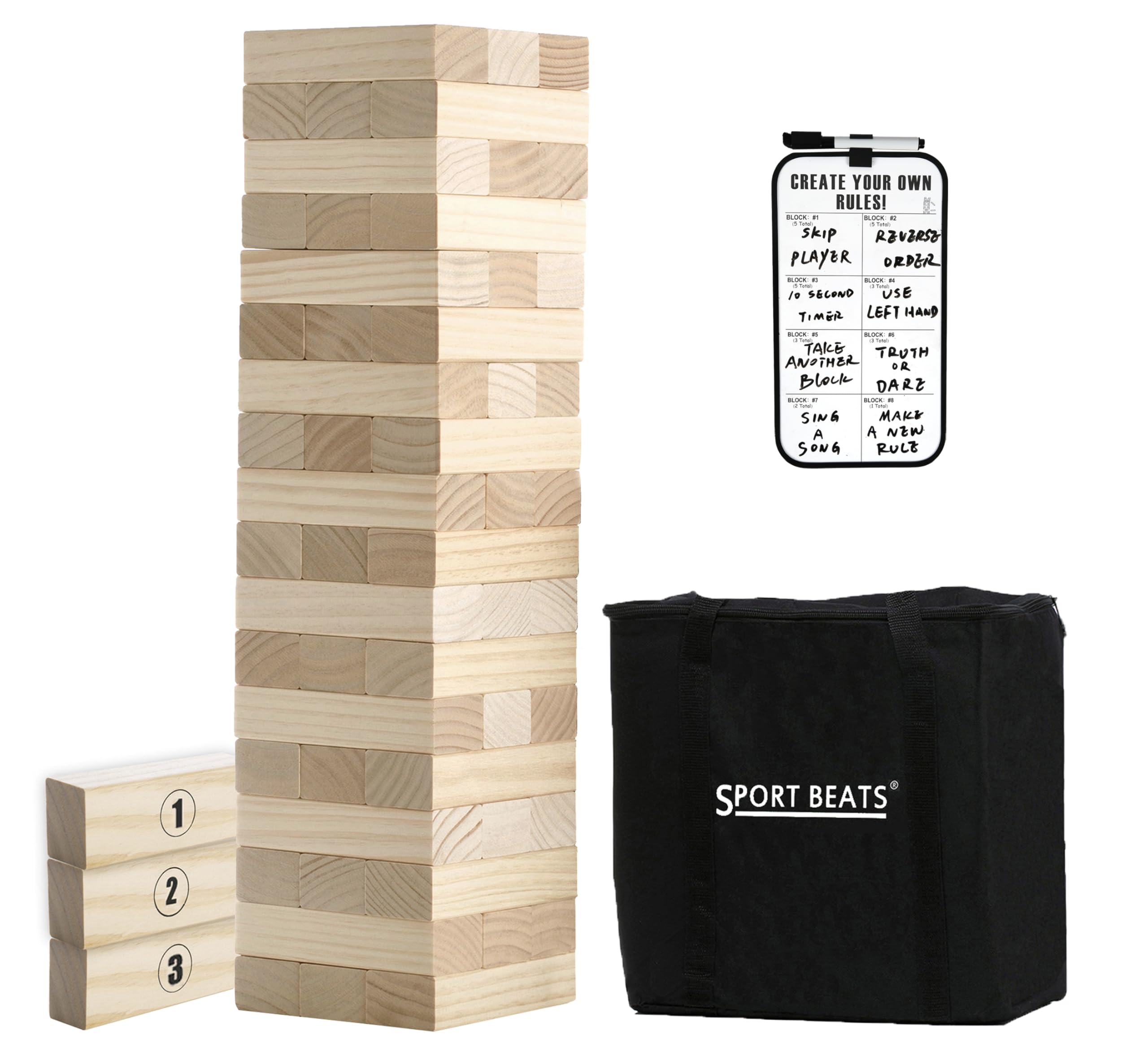 SPORT BEATS Large Tower Game Jenge Stacker Wooden Stacking Games Lawn Outdoor Games for Adults and Family - Includes Rules and Carry Bag-54 Large Blocks