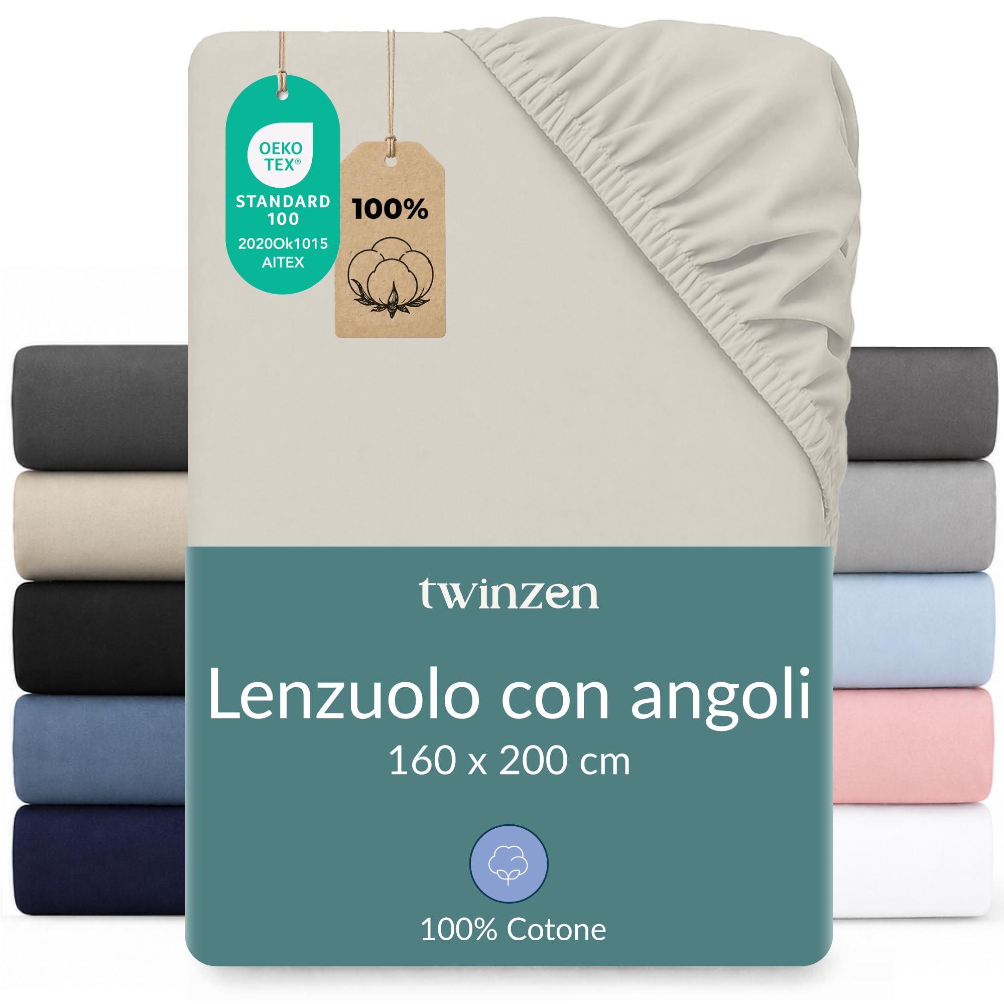 Twinzen Lenzuola Matrimoniali Cotone 160 x 200 cm - 100% Cotone Jersey, Beige - Oeko Tex Certificato - Lenzuola 160x200