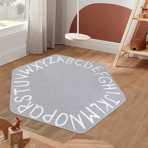 Miniatura 3 de STARUIA Hexagon ABC - Alfombra de juego para niños, 55 x 47 pulgadas, color gris, lavable, para guardería, castillo, alfombra educativa
