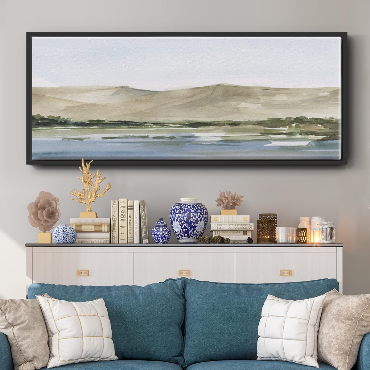 Renditions Gallery Art Work Decor Home Decor Desert Mountain Landcape Floater Framed Canvas Wall Hanging for Bedroom Lounge Office Kitchen - 24"X60" BLACK Frame -034