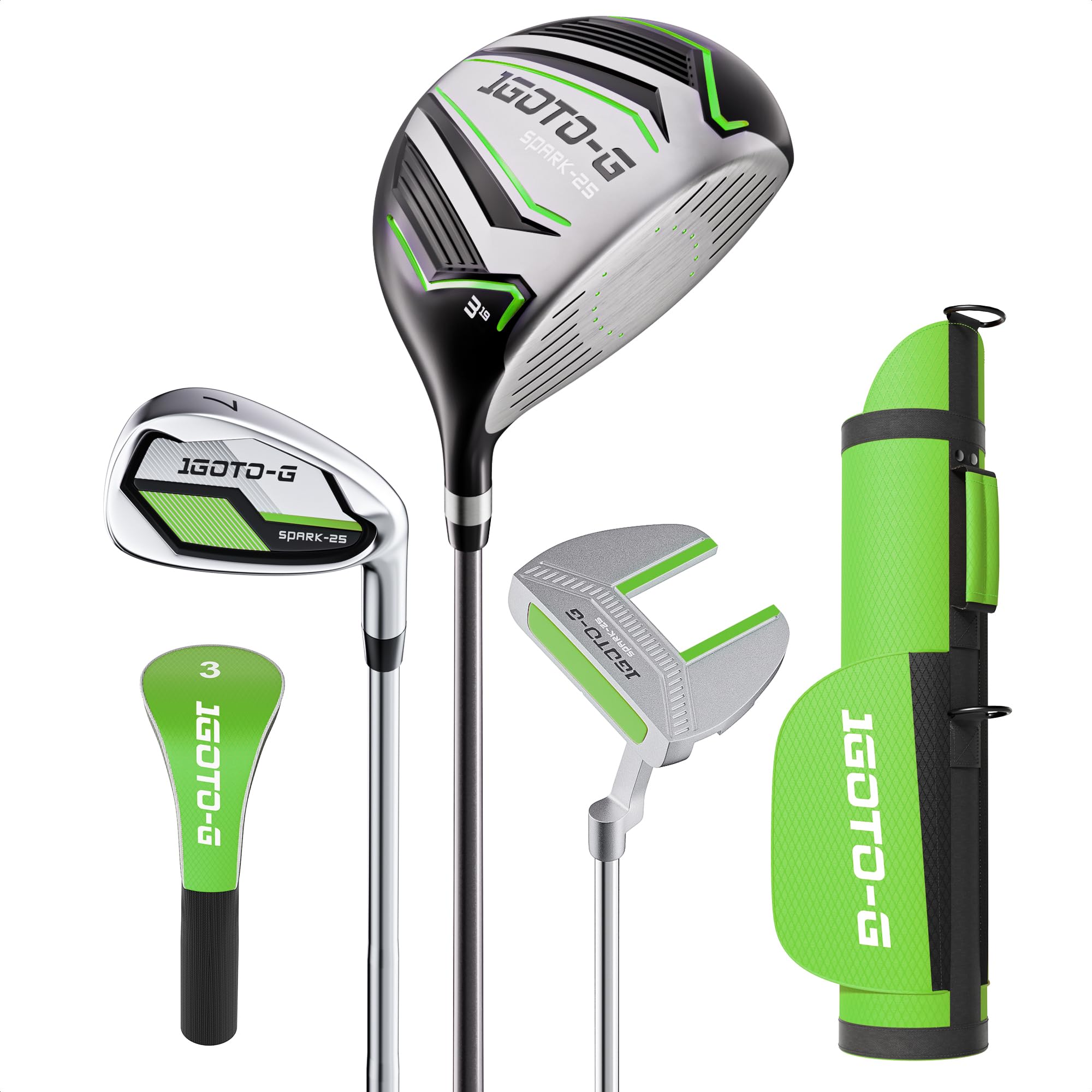Zestaw kijów golfowych dla dzieci 5/6/7 sztuk – młodzieżowe kije golfowe zestaw dla dzieci w wieku 3-14 lat zawiera torbę stojącą, 1 # kierowcę, 5# hybrydowy, 7#, PW# żelazka i miotacz prawa