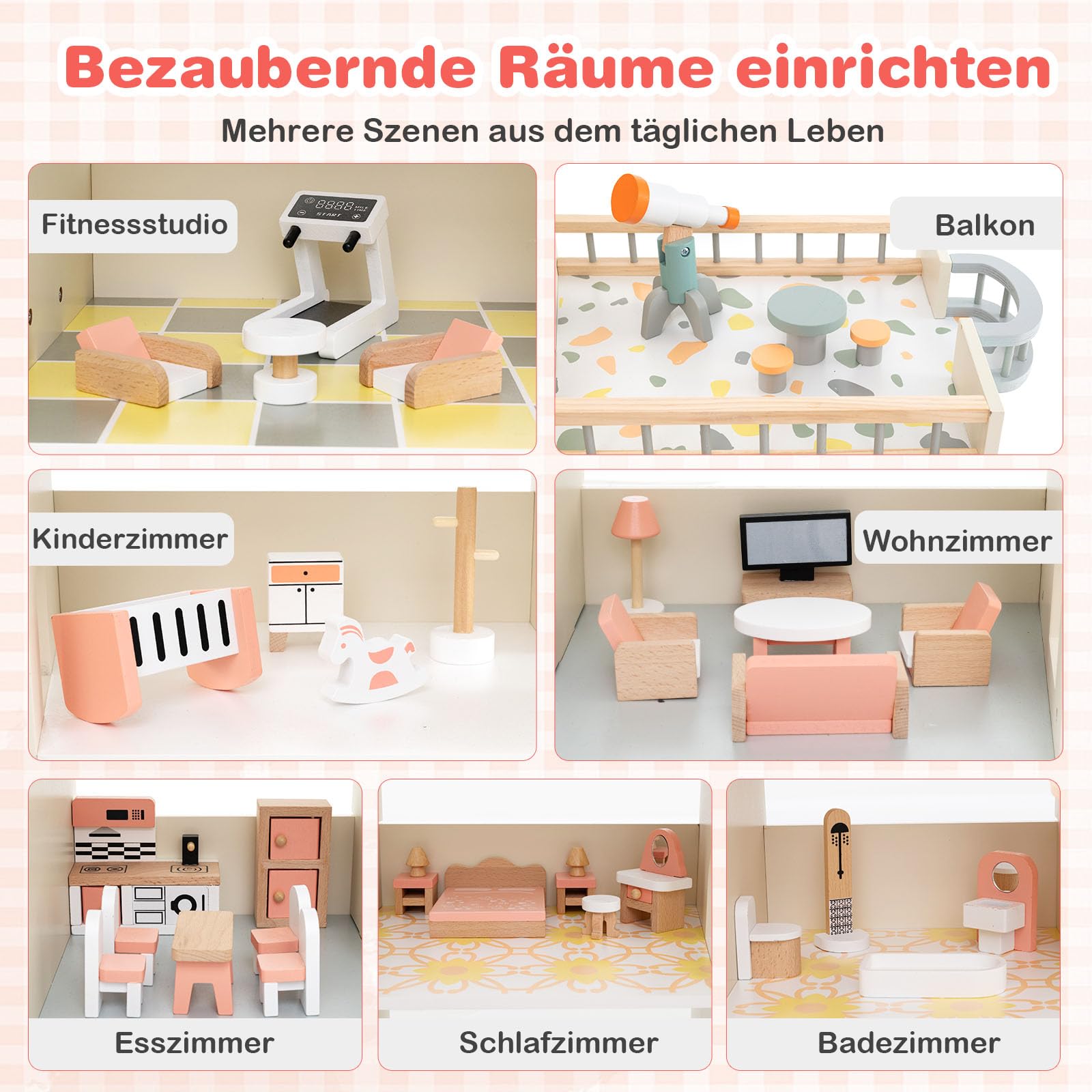 DREAMADE Puppenhaus aus Holz, 3 Etagen & Großes Dollhouse mit 7 Räumen & 36/42 Möbelzubehörteilen, Puppenhaus für Kinder ab 3 Jahre (Rosa,107x94,5cm)