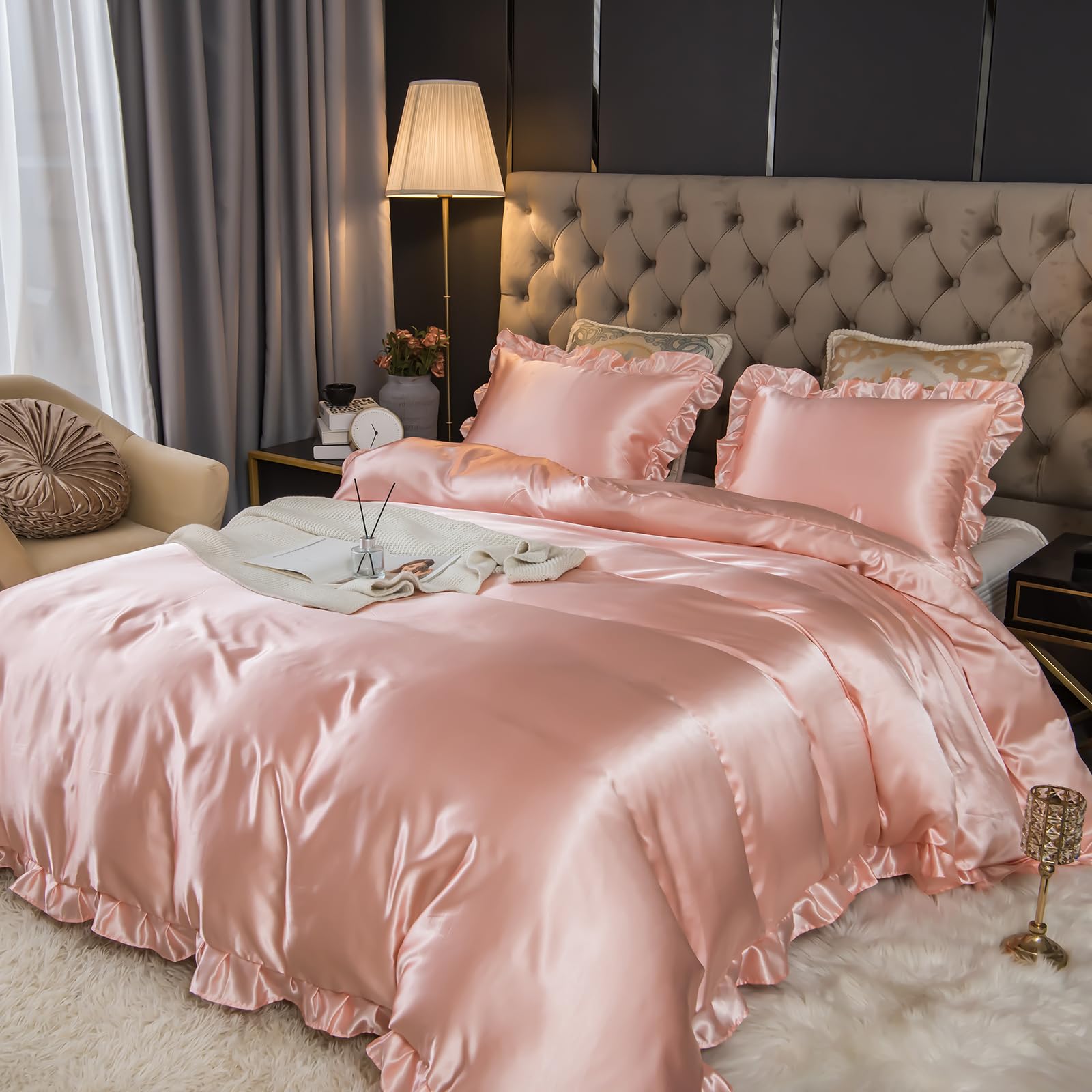 Herside Satin Duvet Cover Set Double Pink Silky Bedding Silk like Satin Ruffle Fringe Boho Ruffle Bedding Sets 1 Girls Duvet Cover 2 Pillowcases (Pink - Image 3