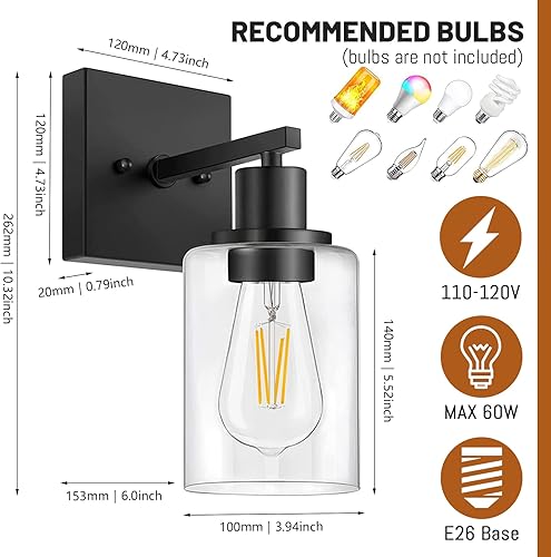 Miniatura 4 de Juego de 2 apliques de pared, juego de luces de baño negro mate, juego de luces de pared de granja, luces de tocador con pantalla de vidrio