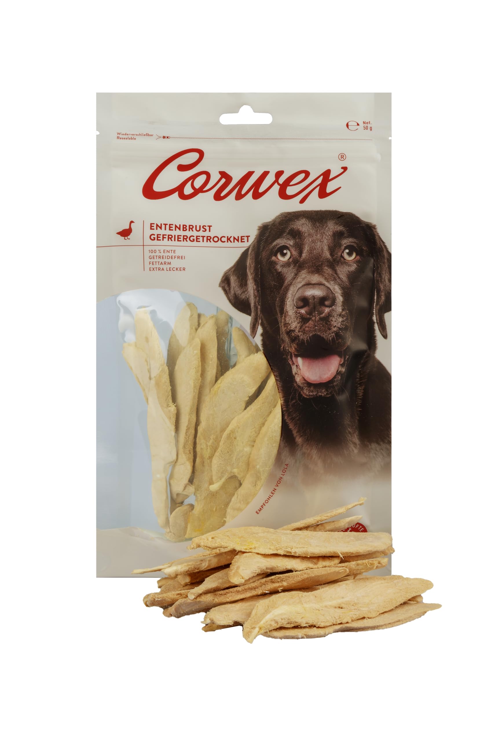 Corwex Pechuga de pato liofilizada (10 x 50 g), piezas enteras, sin cereales y baja en grasa, aperitivo para perros liofilizado con carne de pato 100%