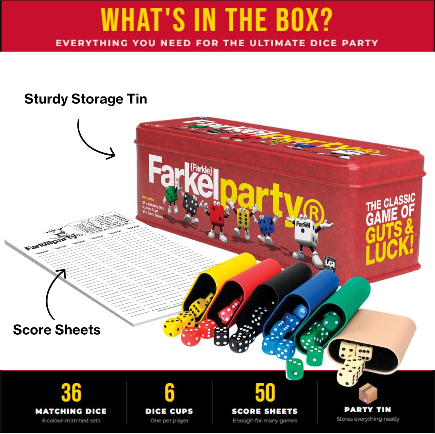Farkel Party Classic Dice Game | Official Licensed Farkle Set | 36 Dice, 6 Cups, Score Sheets & Storage Tin | Travel Dice Game for Family Game Night | 2+ Players, Ages 8+