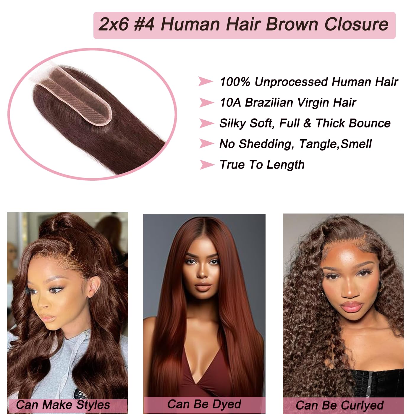 2x6 Brown Closure Human Hair Invisible Hd Lace Closure Brazilian Human Hair Extensions Preplucked Bleached Knots Wet And Wavy For Women 10 Inch