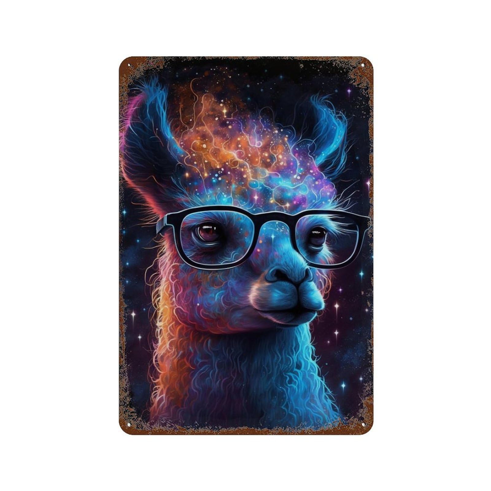 Galactic Llama Glasses Art Print Rustic Tin Plaque 11.8"x7.9", Novelty Wall Decor for Garage, Pub Or Kitchen