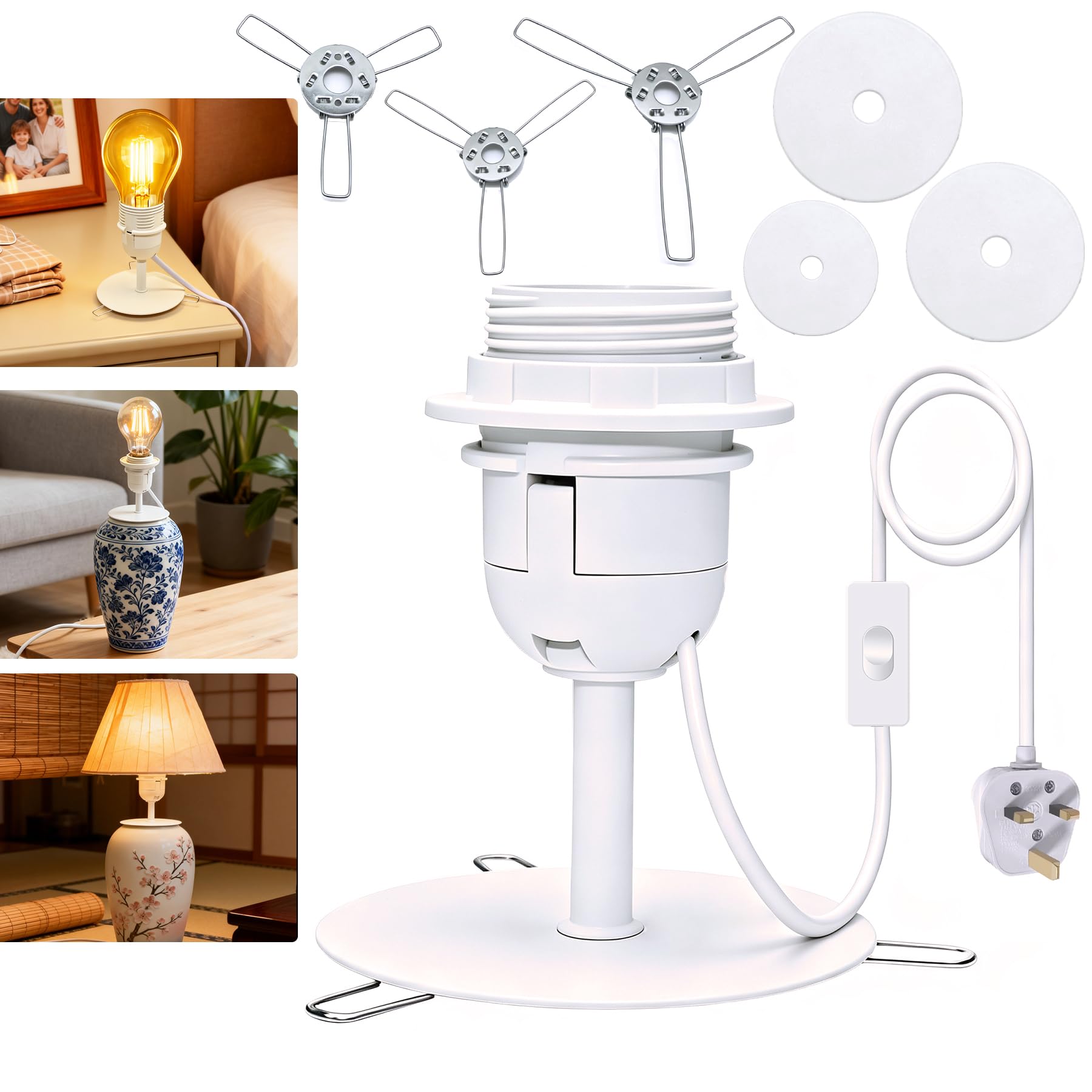Metal Table Lamp Fitting, Lamp Kit for Turn Ceramic Vase into Lamp, DIY Bottle Lamp Kit, E27 Bulb Holder, 240cm Lamp Cable with Switch and Plug, Lamp Making Kit, 3 Sizes of Base, No Vase, No Bulb