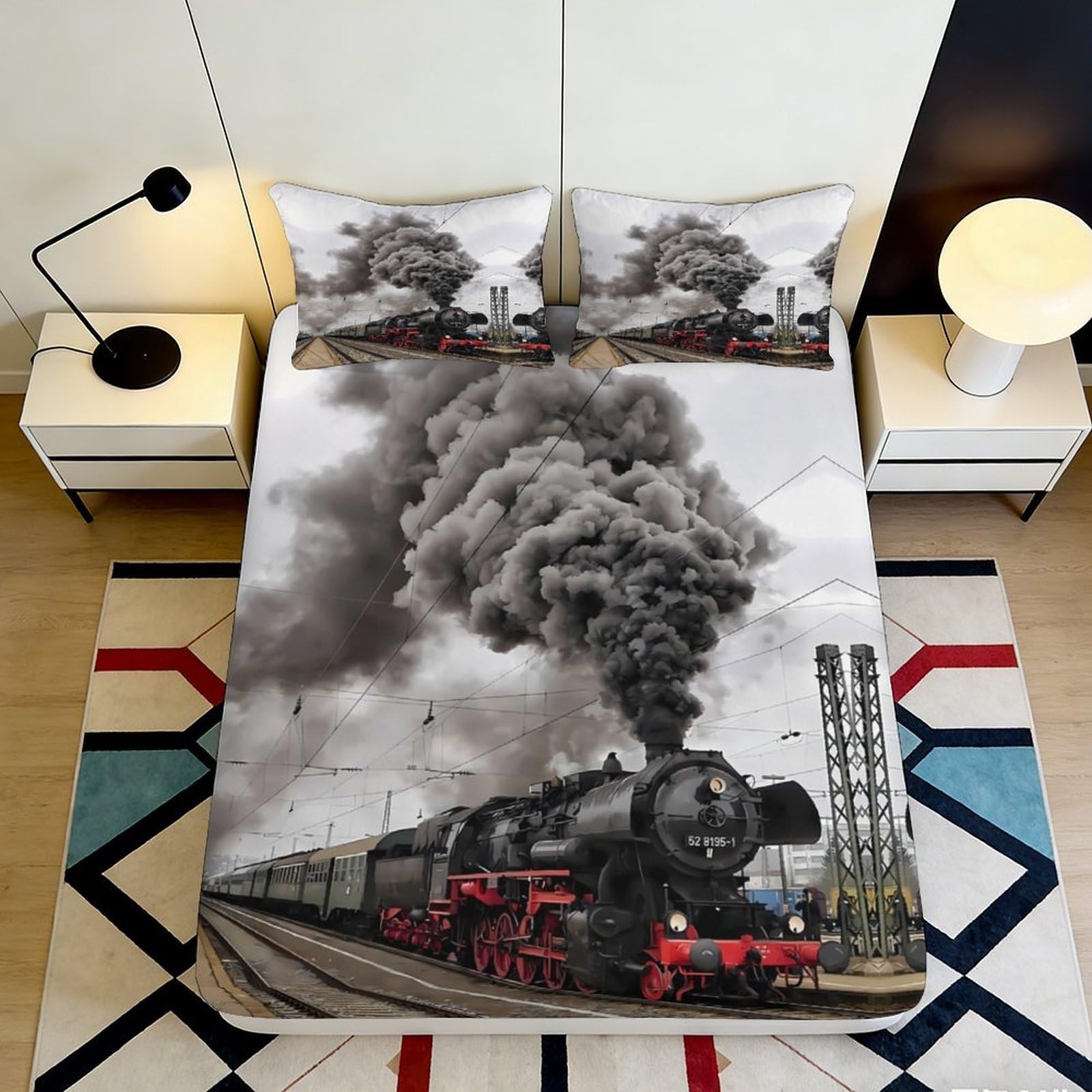 3D Printed Steam Locomotive Fitted Sheet Microfiber Smoke Train Bed Cover Anti-Slip Washable for Bedroom Guestroom 120x200x25cm