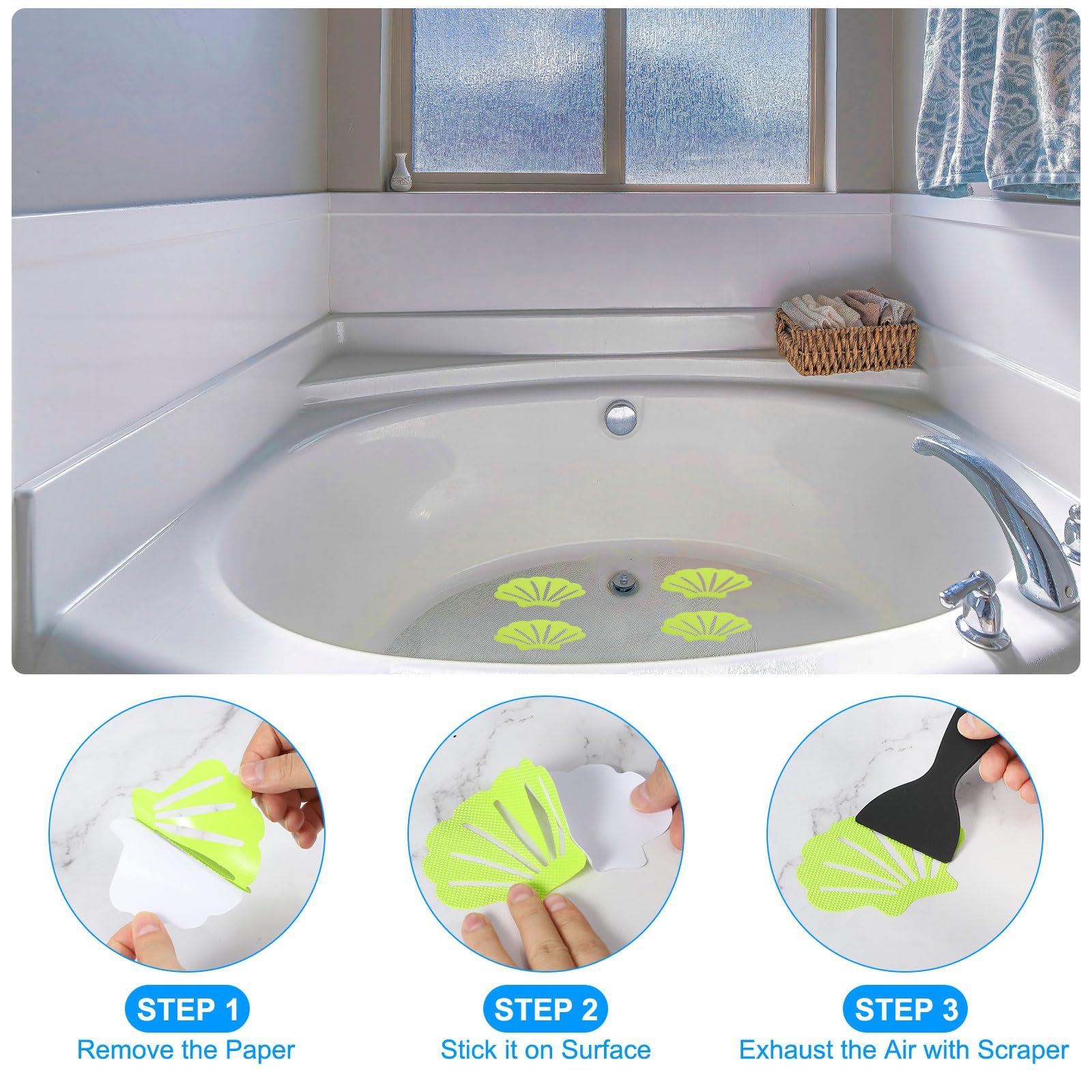 PATIKIL Autocollants Antidérapants Pour Baignoire 9x7 Cm - 12 Pièces Coquille Bleue Avec Grattoir, Sécurité Douche