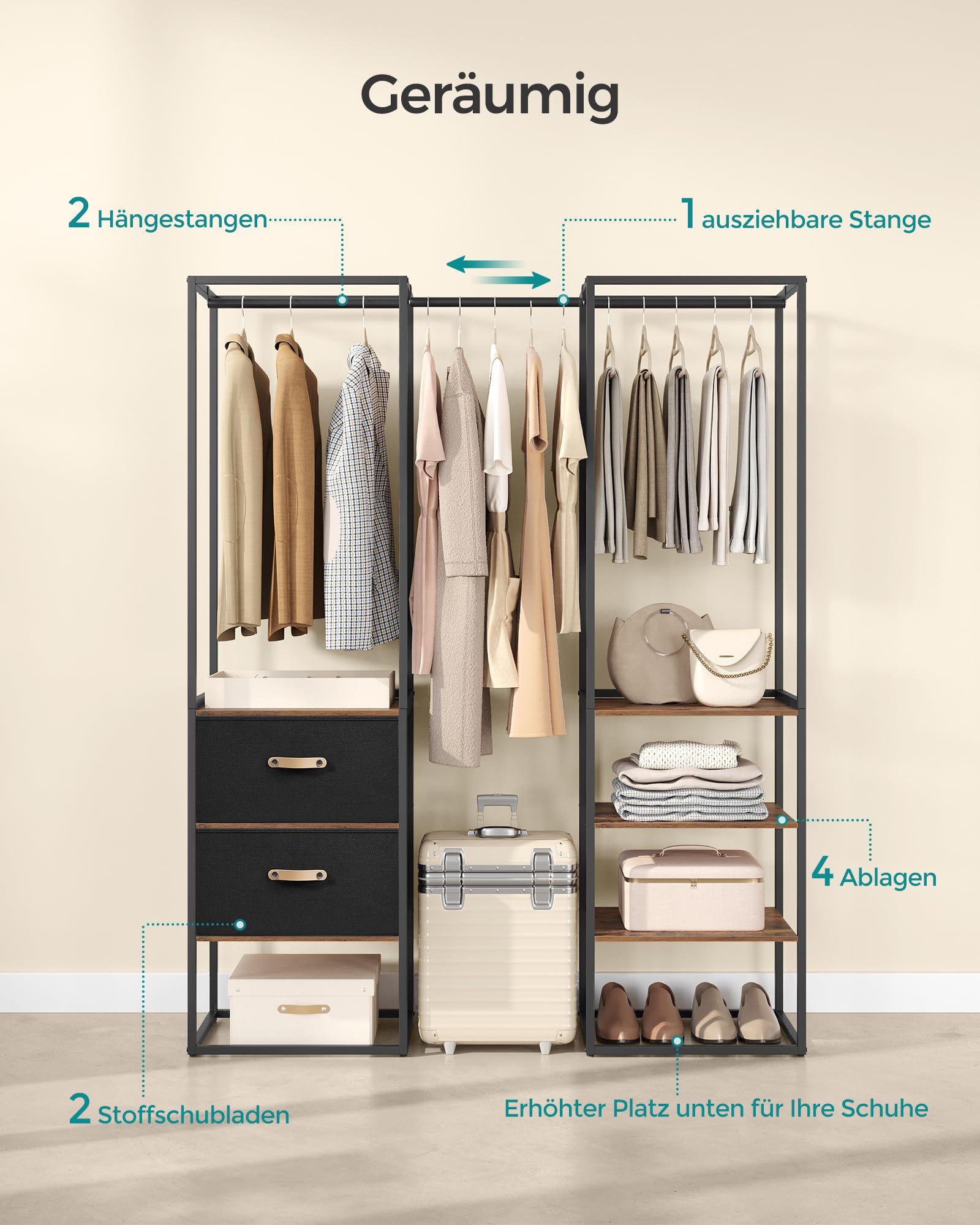 SONGMICS Kleiderständer, offener Kleiderschrank, Garderobenständer hochbelastbar, 1 ausziehbare Stange, 2 Schubladen, 4 Ablagen, für Schlafzimmer, platzsparend, vintagebraun RGR003B01