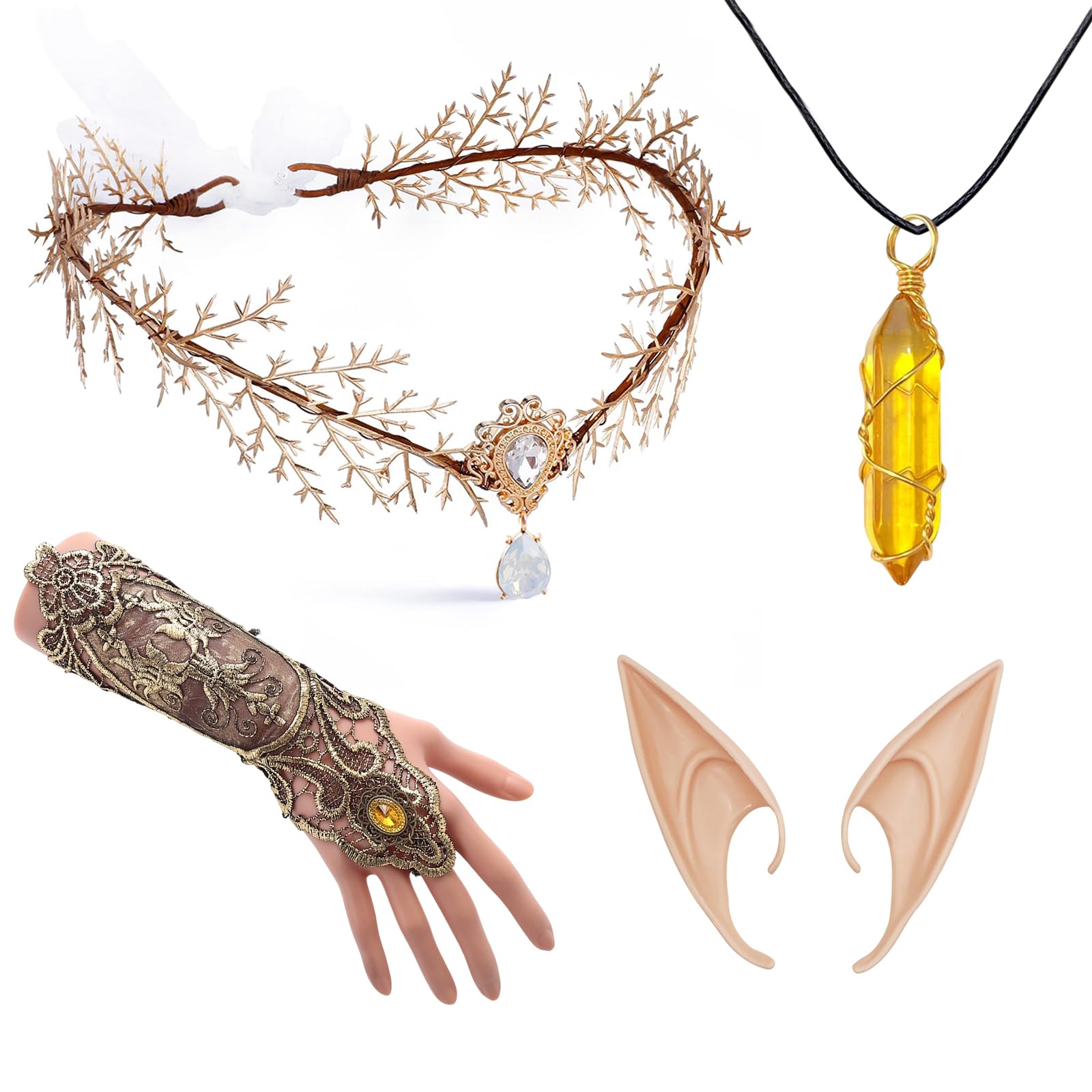 GXAHSOL 4 Piece Forest Elf Costume Accessories Set, Fairy Leaf Headband with Crystal Necklace, Lace Fingerless Glove and Pointed Elf Ears for Halloween Cosplay Theme Party