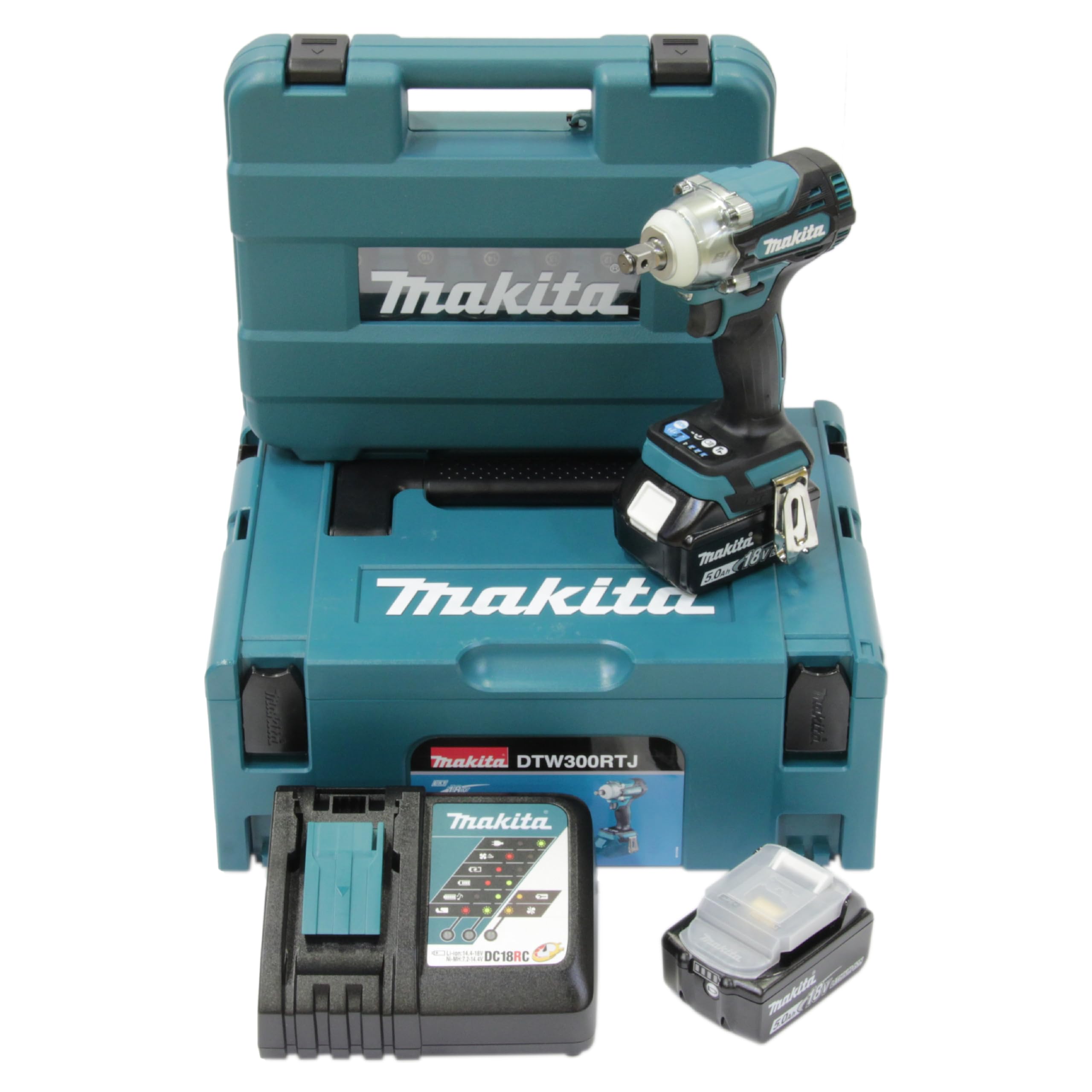 Makita DTW300TJX7 - Avvitatore a percussione a batteria, 18 V, con caricatore rapido DC18RC e 2 batterie BL1850B 5,0 Ah + 14 pezzi (E-16586) in MAKPAC misura 2