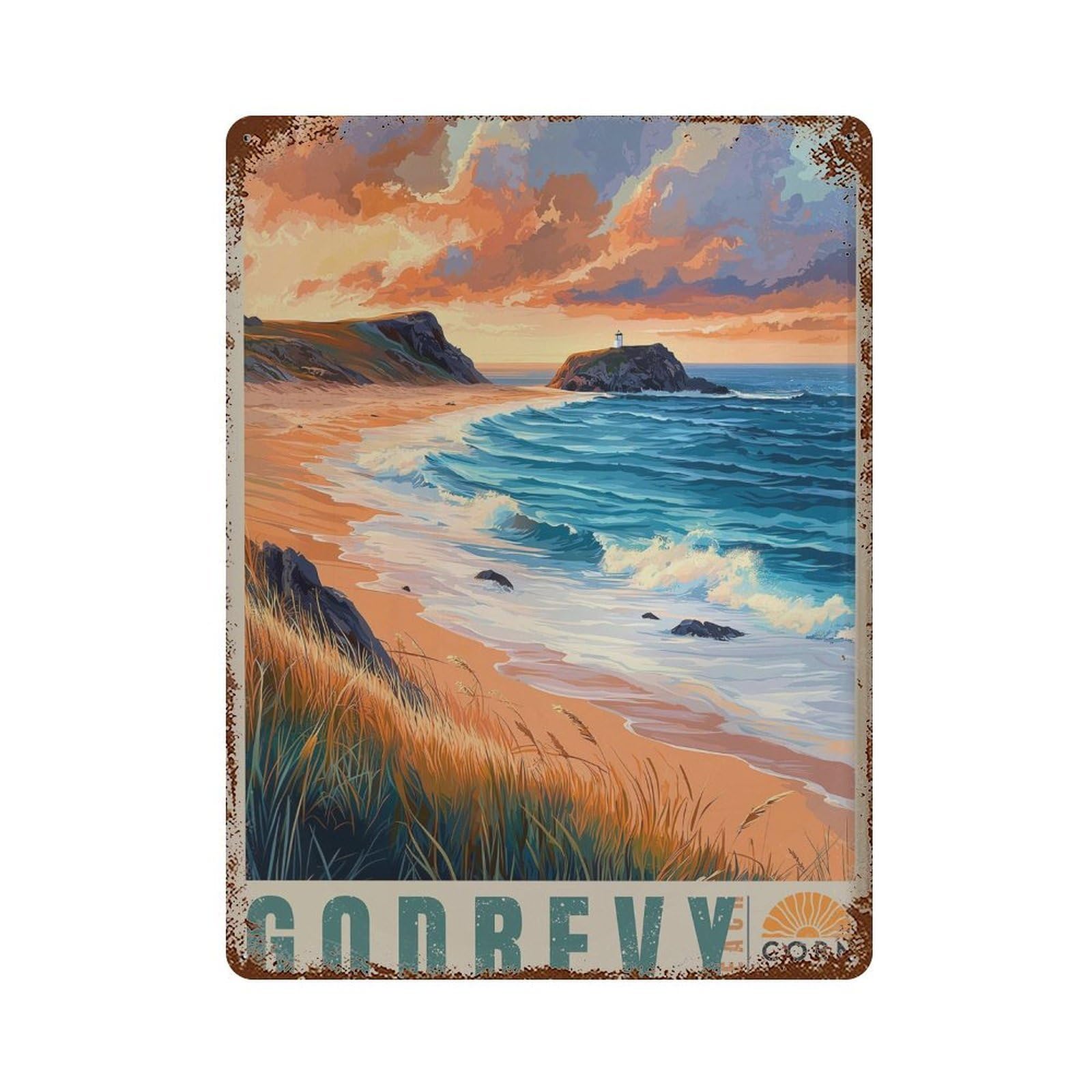 xiaoxiaoshen Godrevy Beach Cornwall Coastal Lighthouse & Golden Sand Wall Decor Art Metal Tin Poster Modern Home Decor Art Home Bar Shop Decorations Vintage Sign 40x30cm