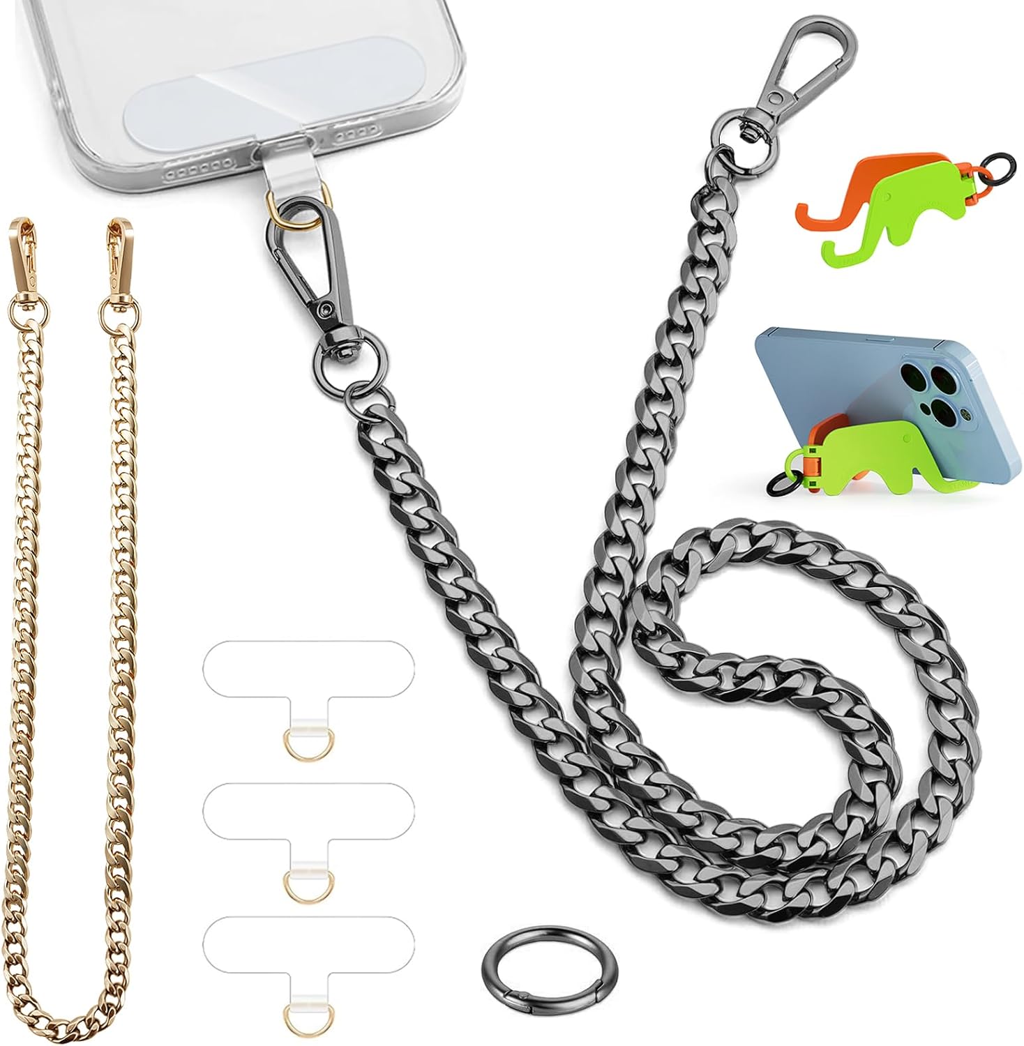 2 pcs Phone Lanyard Belt Chain Anti Theft Wallet Chain for Men Women Metal Hip Hop Punk Jeans Chains Trousers Pants with 3 Phone Patch and iPhone Stand Holder for All Smartphones Keys Gold and Gun