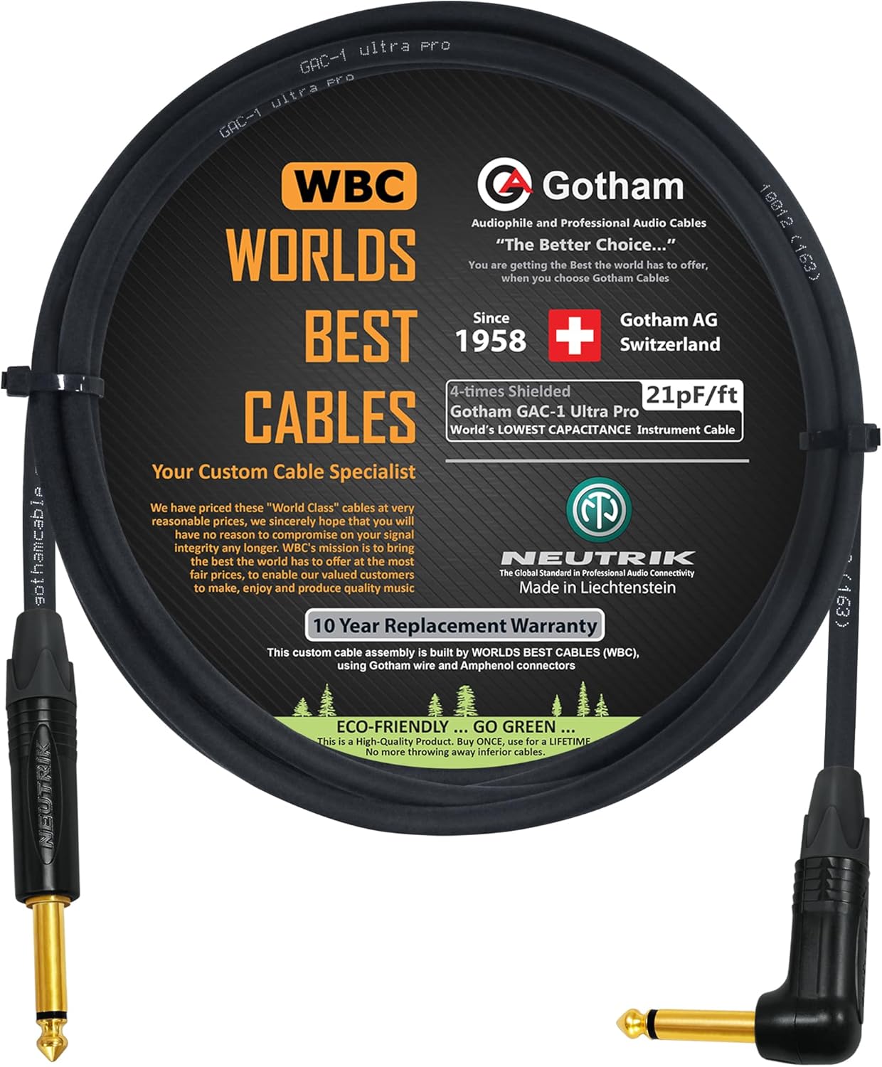 WORLDS BEST CABLES 6 Foot - Gotham GAC-1 Ultra Pro - Premium Low-Cap (21 pf/F) Guitar Bass Instrument Cable – w/Neutrik Gold Straight to Angled ¼ inch (6.35mm) TS Connectors - Custom Made
