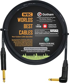 WORLDS BEST CABLES 6 Foot - Gotham GAC-1 Ultra Pro - Premium Low-Cap 21 pf/F Guitar Bass Instrument Cable w/Neutrik Gold Straight to Angled 14 inch 6.35mm TS Connectors - Custom Made