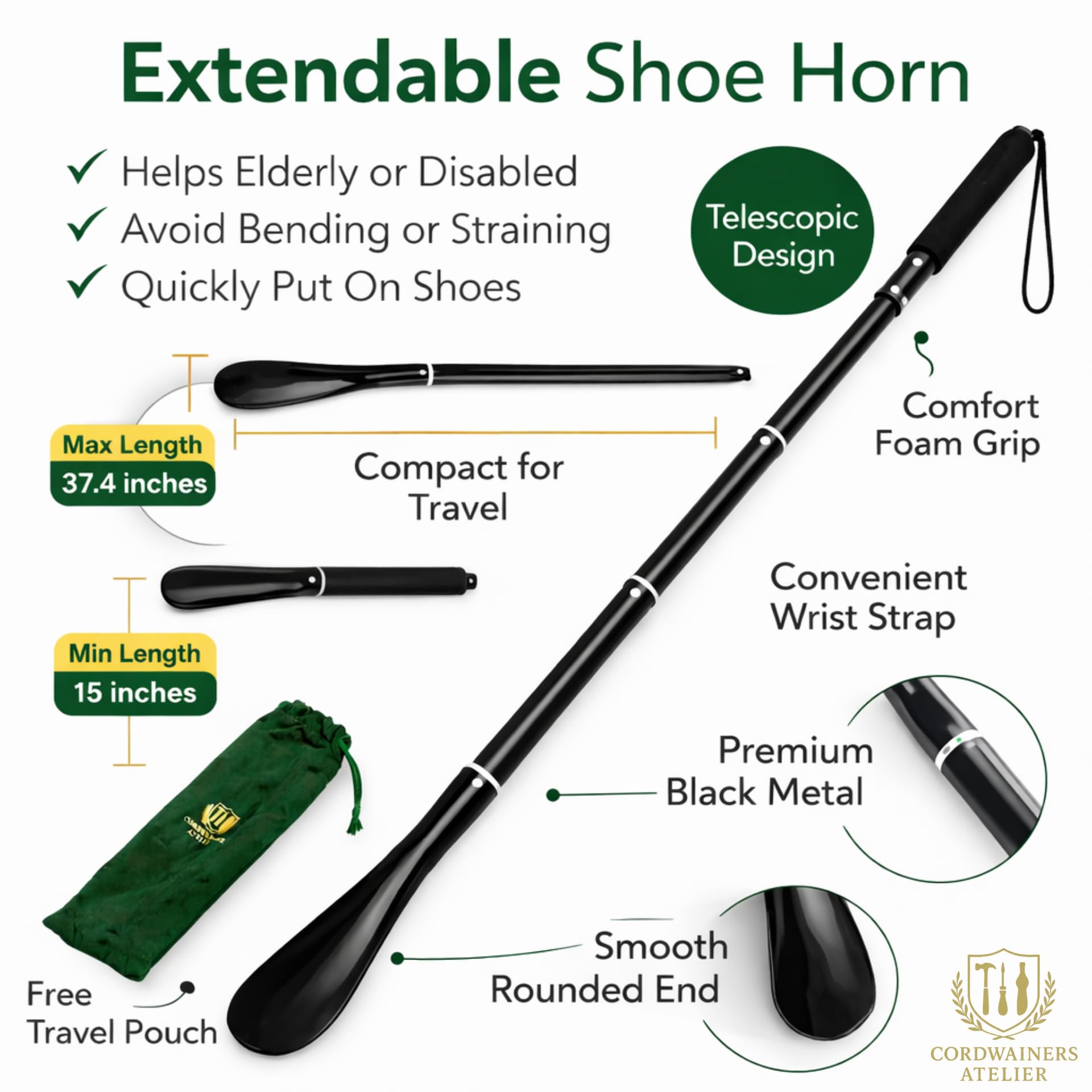 Extendable Aluminum Shoe Horn with Adjustable Long Handle – Aluminum Shoehorn for Easy Wear– Aluminum Shoe horn, Telescopic from 14.5” to 37” – Long Handle for Boots & Mobility Support - 5
