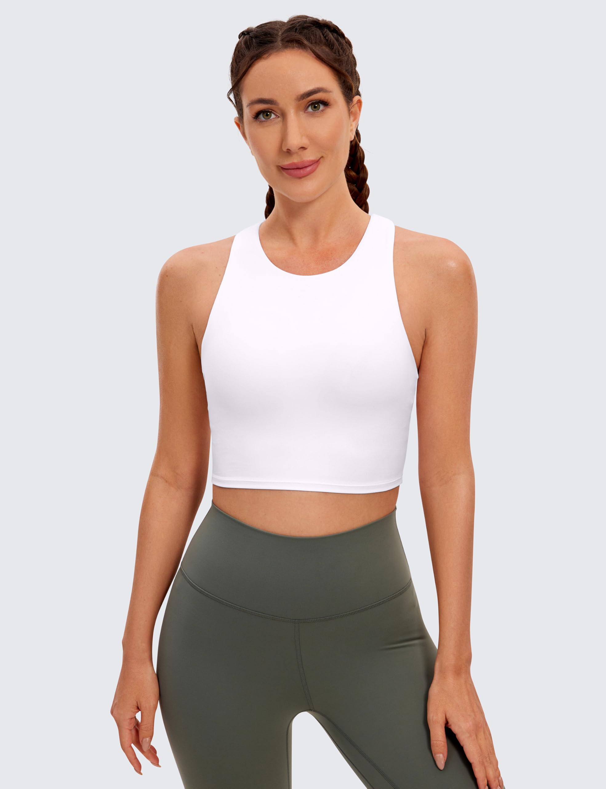 CRZ YOGA Damski biustonosz sportowy Butterluxe Racer Back Padded - koszulka treningowa z wysokim dekoltem i wbudowanym biustonoszem