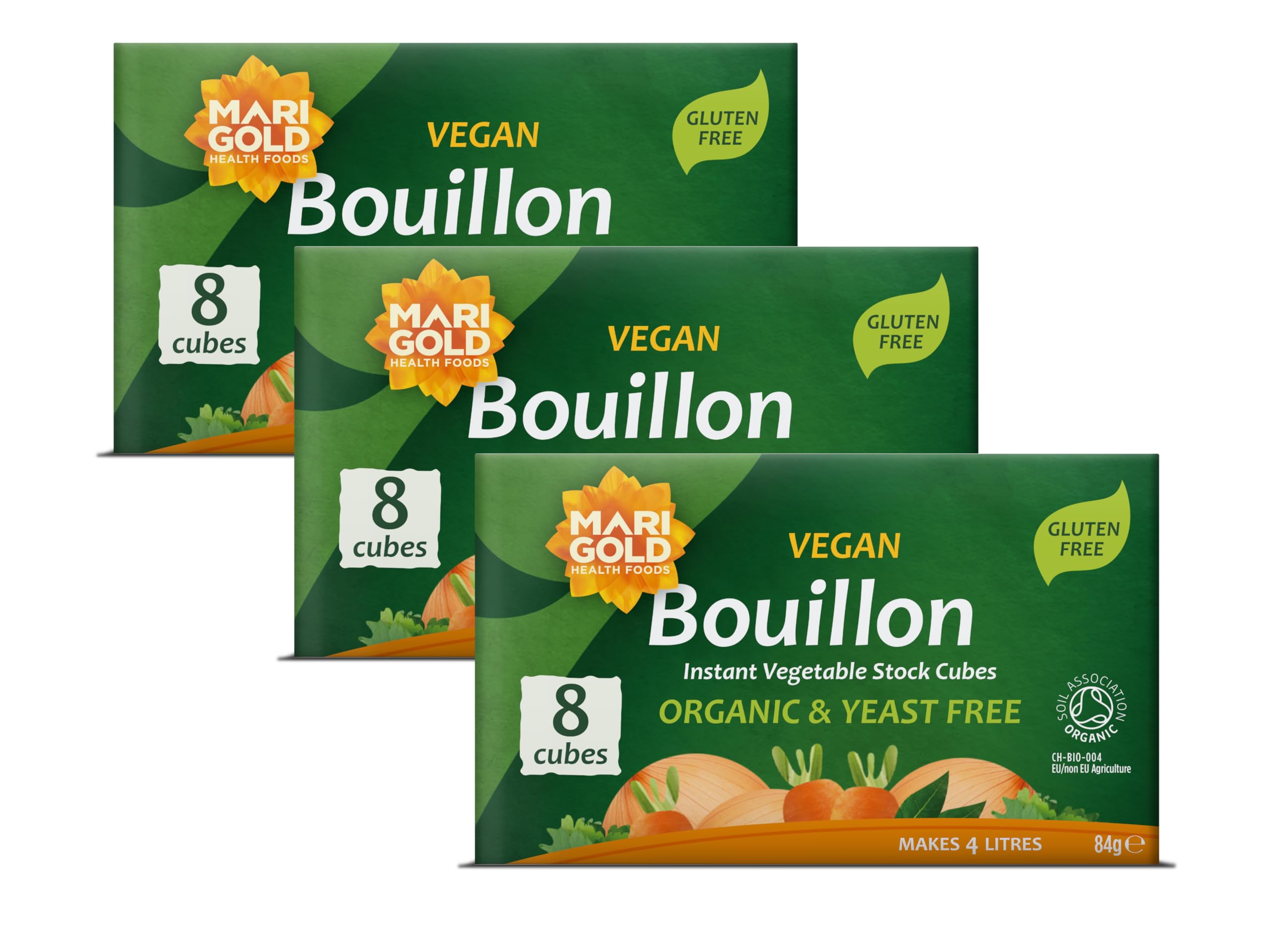 Marigold Vegan Bouillon Instant Vegetable Stock Cubes Organic & Yeast Free, 8 Cubes (Pack of 3)