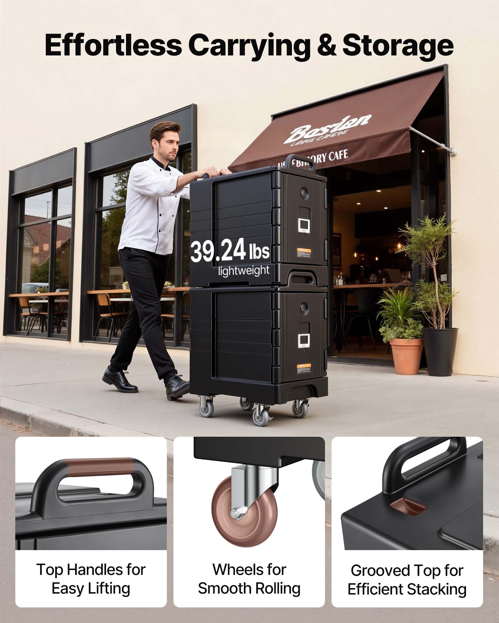VEVOR Caja Térmica para Alimentos con Aislamiento de 75 L para Catering, Caja para Alimentos con Hebillas Dobles, Carga Frontal con Asas, con Ruedas para Restaurantes, 650x450x815 mm (Sin Bandeja)