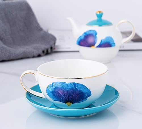 Miniatura 5 de Jusalpha Té de porcelana inglesa para un juego, tetera clásica de pétalos azules, taza de té, juego de platillo, juego de regalo para servir té #07