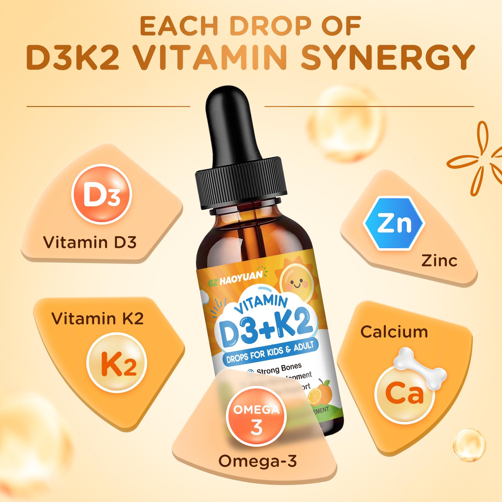 Vitamin D3 K2 Drops for Kids Liquid Supplement with Calcium, Omega 3, Zinc, Vitamin D3 K2 for Calcium Absorption Healthy Bones, Brain Development & Immune System, Non-GMO, Vegan, Orange Flavor 2 Fl Oz — Amazon image 3