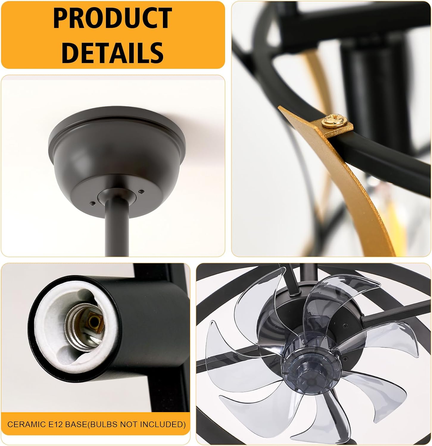 20" Caged Ceiling Fans with Lights and Remote, 6 Wind Speeds 3 Timing Quiet Chandelier Bladeless Ceiling Fan Industrial Reversible Ceiling Fan for Bedroom Living Room, 2 Down Rods, Black