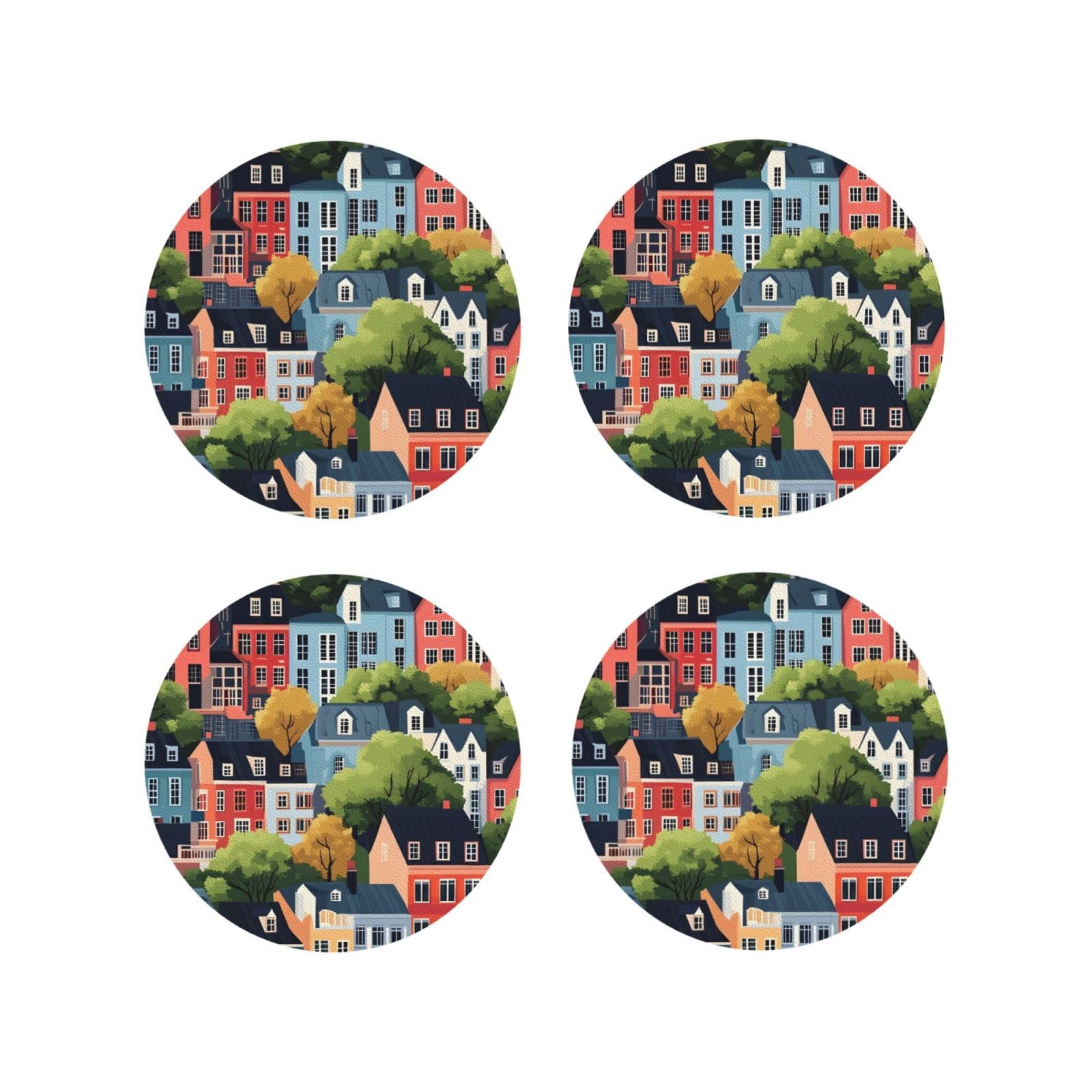 Leather Coasters Set of 4 - Cartoon Town Print Lightweight Drink Coasters for Desk