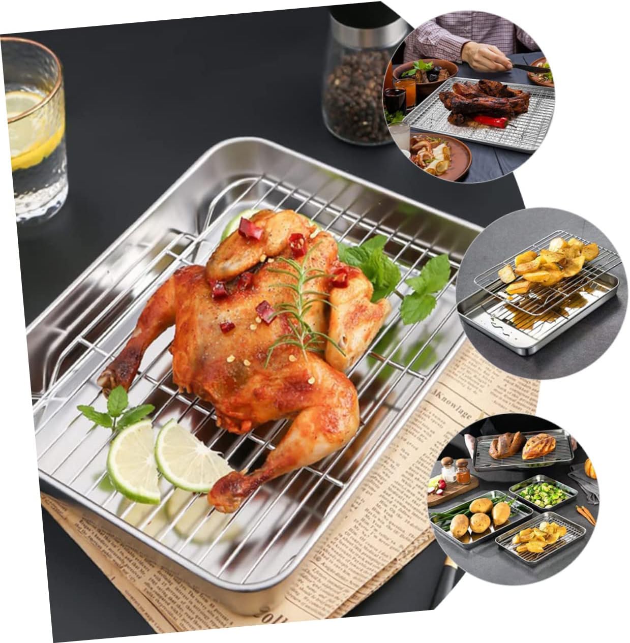 1set Multi-function Stainless Steel Baking Wire Rack Non-stick Oven Safe Baking Pan for Cookies Muffins and More Easy to Clean Dishware for Home and Camping Use