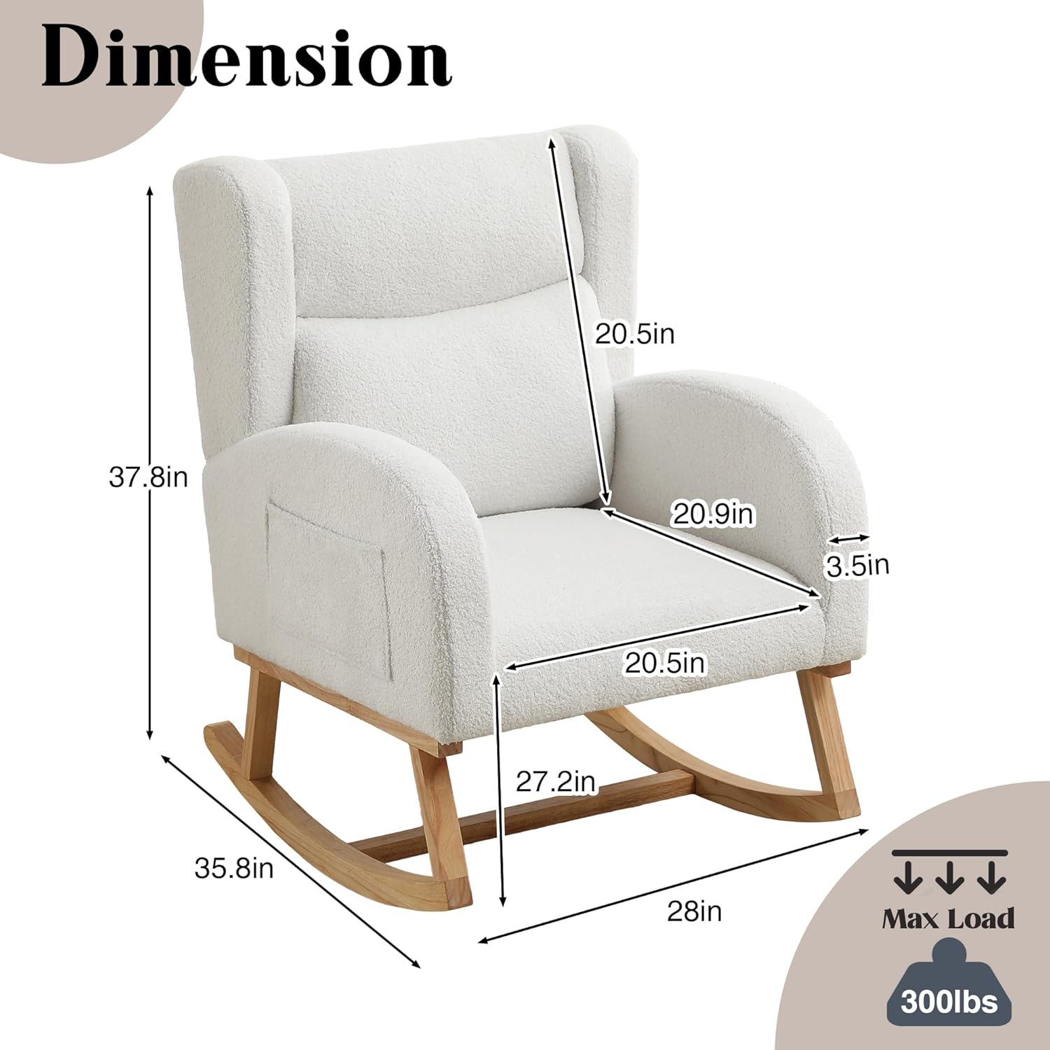 Nursery Rocking Chair,Wingback Nursery Rocking Chairs,Nursing Glider Rocker Chair with High Back for Living Room Bedroom(Teddy White)