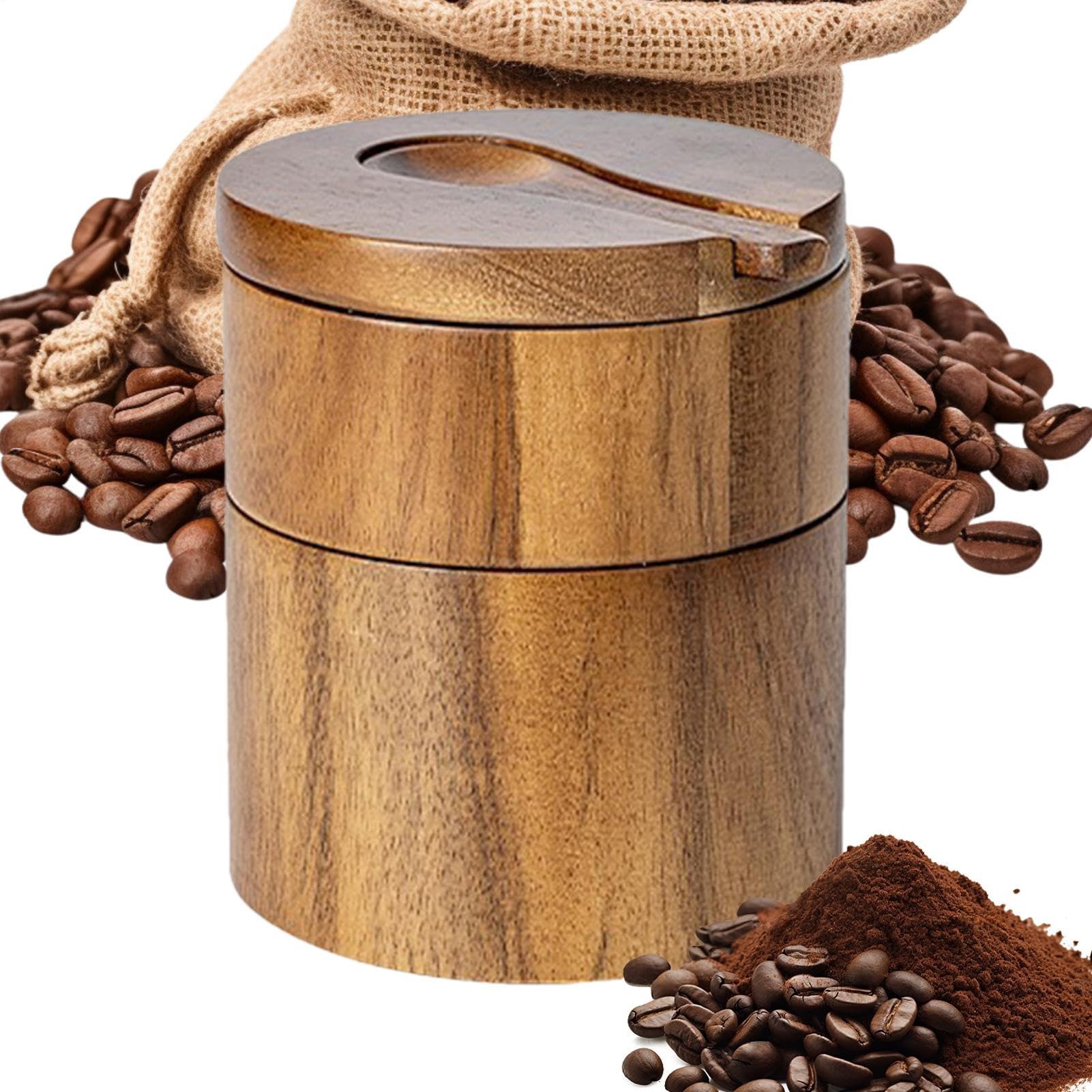 Portasale rotondo in legno con coperchio e cucchiaio, adorabile contenitore per sale e pepe a doppio strato, in legno naturale, per organizzare condimenti sul piano di lavoro della cucina, marrone