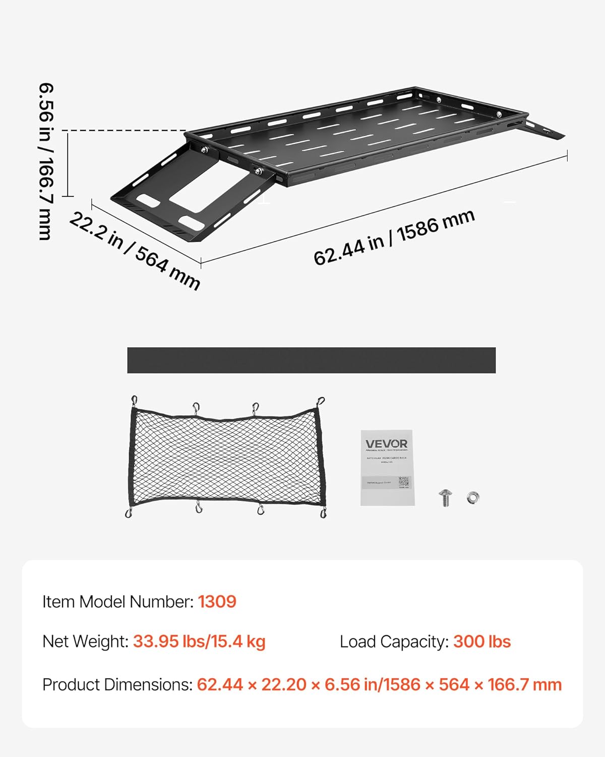 VEVOR Rear Trunk Cargo Rack with Net 2007-2024 Jeep Wrangler JK 4 Door hardtops, 300 lbs Capacity, Carbon Steel Basket Tray Interior Storage Luggage Carrier, Shelf Stand Organizer
