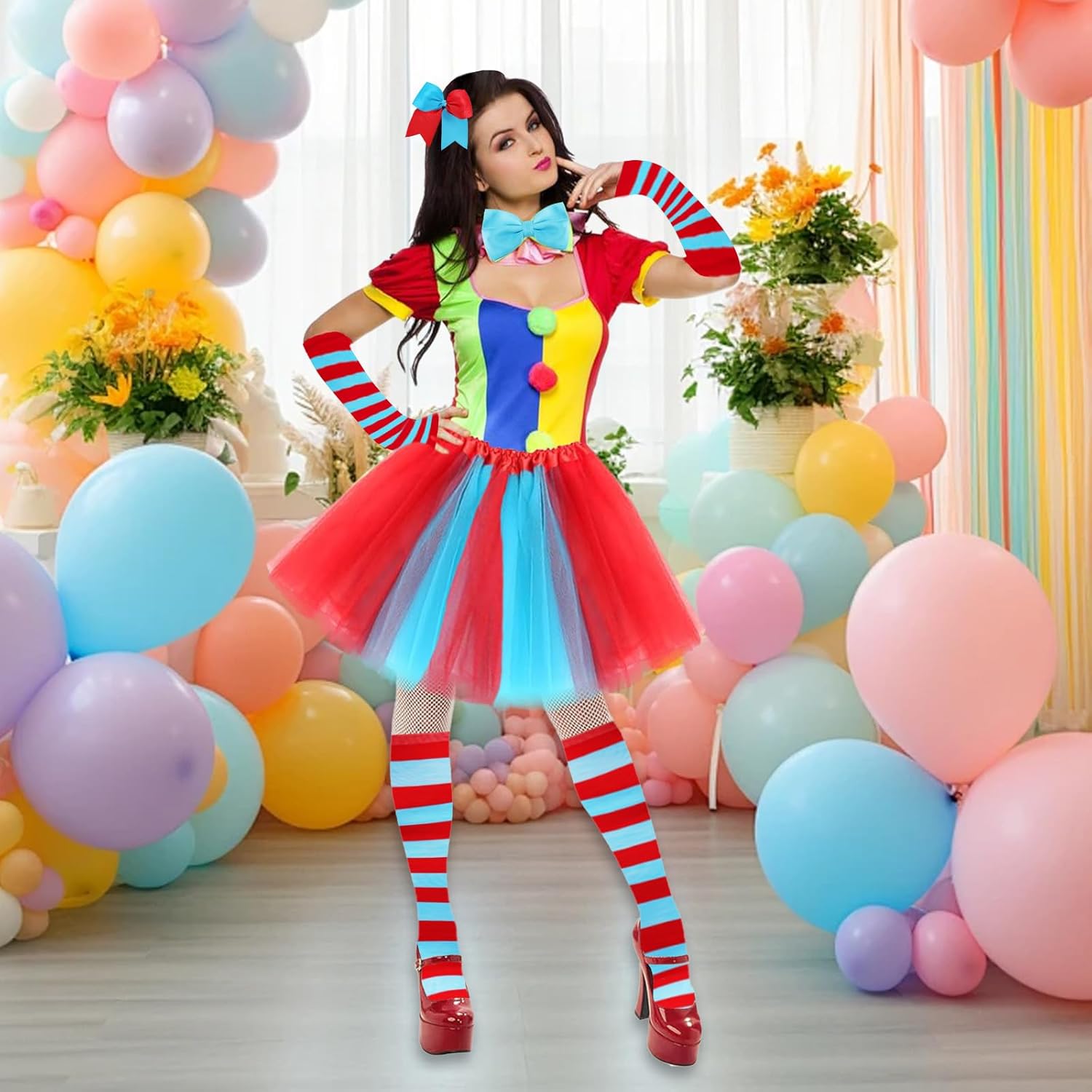 5 PCS World Book Day Thing Costume - Include Red Blue Large Bows Hair Ties Tutu Skirt Bowtie Striped Gloves and Knee Socks for 101 Days of School Dress Up - Image 5