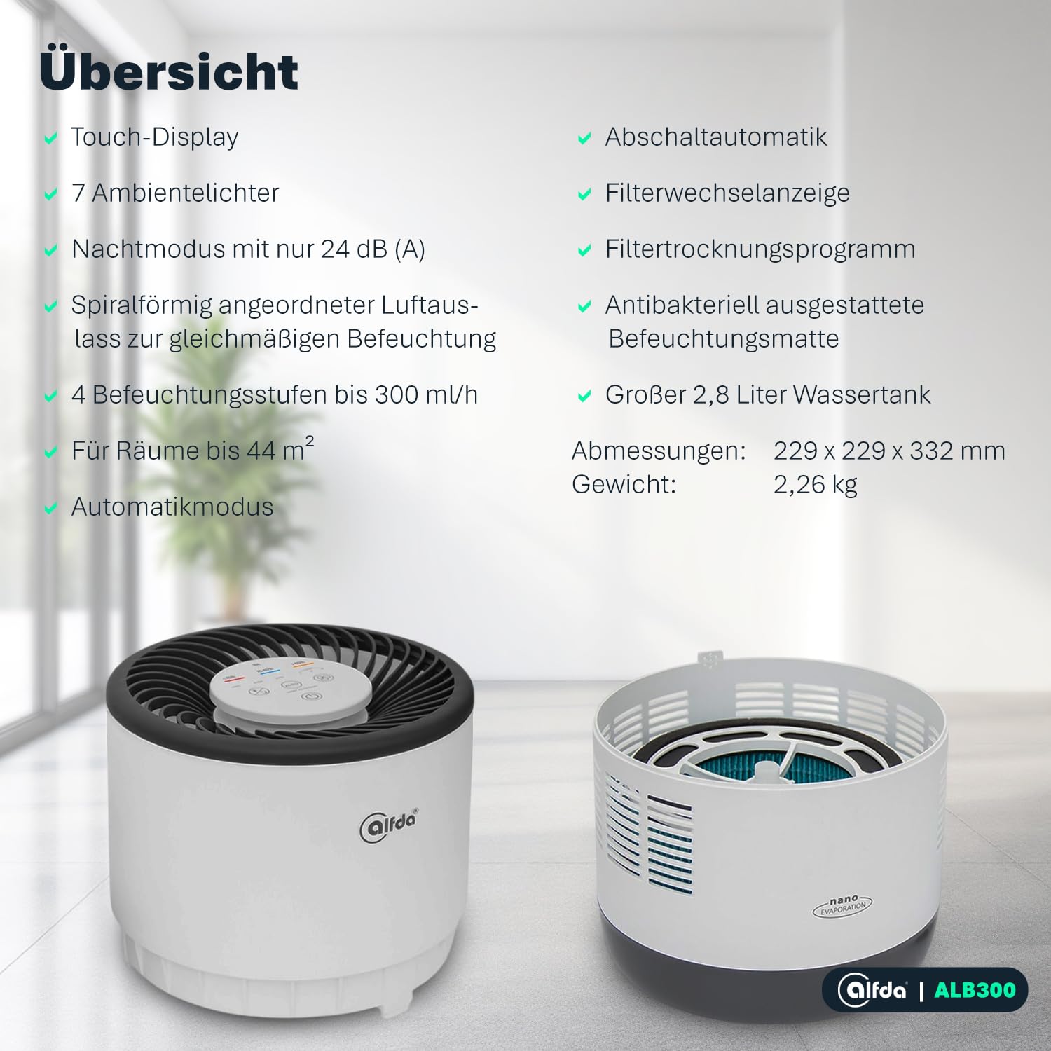 alfda ALB300 Luftbefeuchter bis 44 m² 2,8 L Tank | Leise 24 dB, Kaltverdunstung mit antibakteriellem Filter, Automatikmodus mit Sensor
