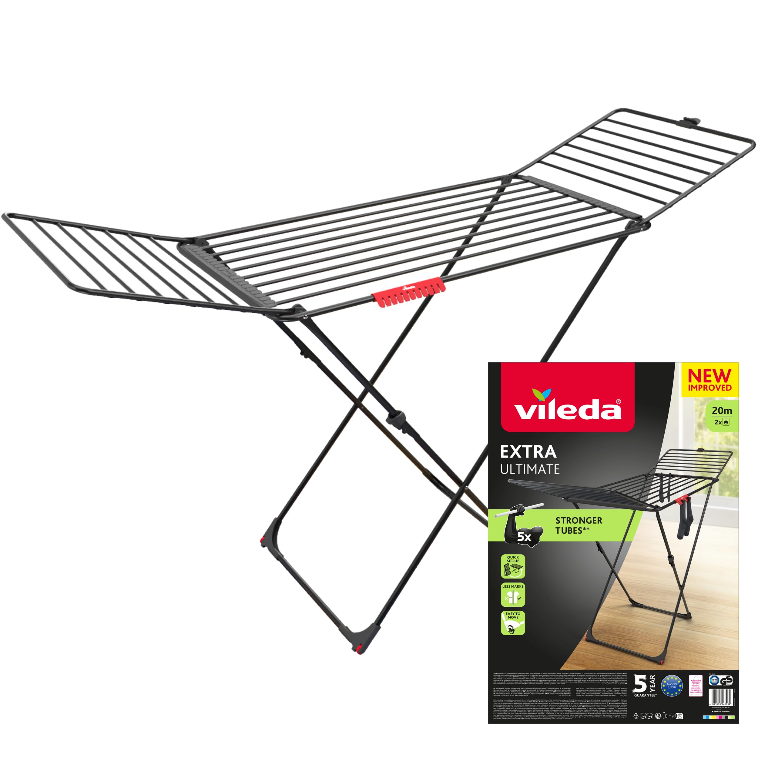 Vileda Tendedero Ultimate Extra de Aluminio con Patas en X (Black Edition) | Tubos 5 Veces más Resistentes | Tubos XL para Menos Marcas en Ropa | 20M para Secado | Soporte Calcetines