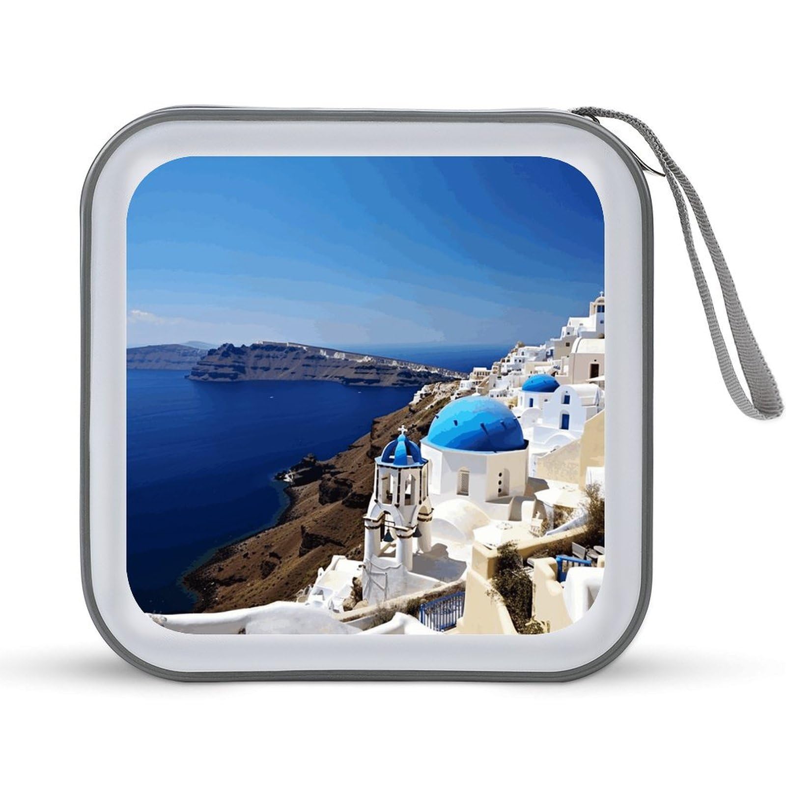 LZQPOEAS Santorini Greek Island Sea View CD Case DVD Case Holder Wallet 40 Capacity Hard Plastic CD/DVD Portable Storage Binder Zipper DVD Disc Cases CD Storage Organizer Holder for Car Home Office
