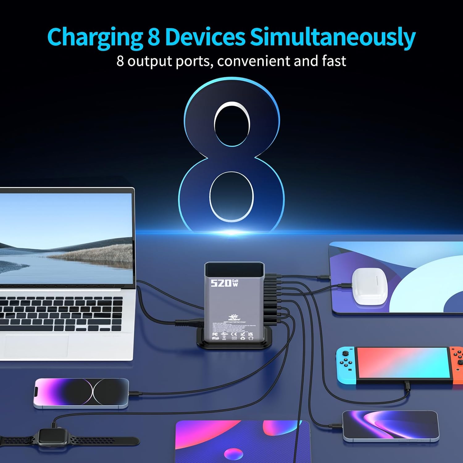 Melasta 520W USB C Charging Station, 8-Port Fast Charger Block for Multiple Devices with 4×100W PD & 4×30W USB A Ports Suitable for Laptop, Phone, Tablet | Home & Travel Use -Silver