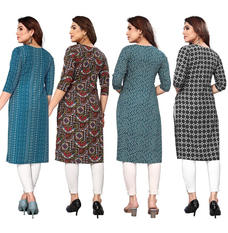 Image of JAKHANA Women's Crepe Printed Casual Straight Calf Length Round Nick Kurta Pack of 4