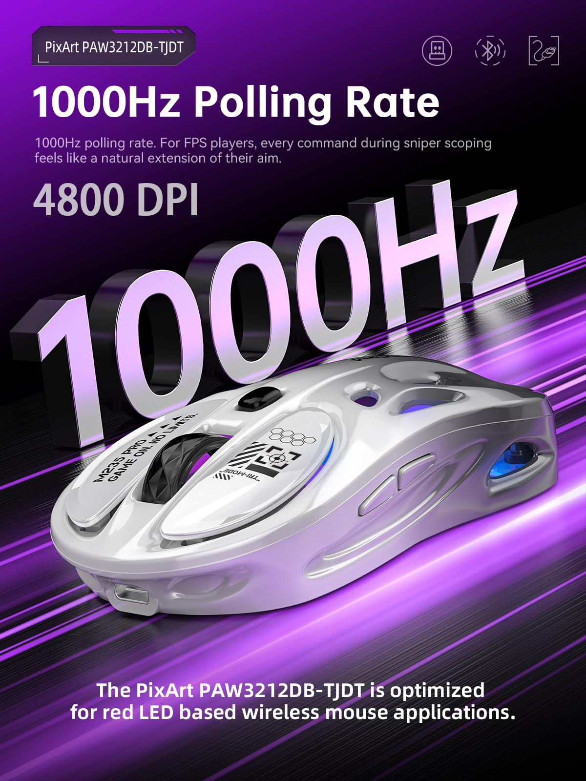 FMOUSE Mouse wireless Tri-Mode (2.4G/Bluetooth/Wired), design cavo, RGB, 4800 DPI, ricaricabile di tipo C per Mac/Laptop/iPad (gioco/ufficio), sfumato bianco e grigio