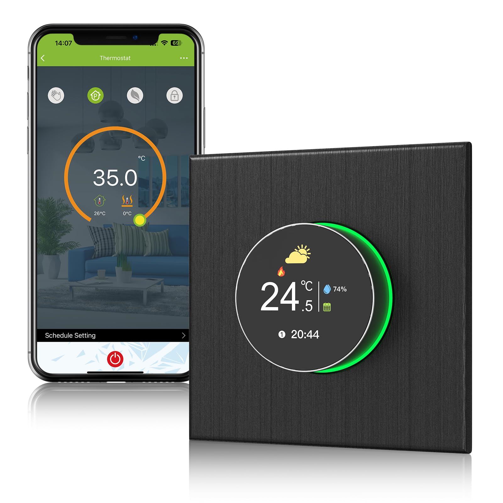Termostato WiFi Intelligente DXstring - Controllo Vocale/App/Touch, Display Digitale, Programmabile 5+1+1, Risparmio Energetico per Pompe di Calore