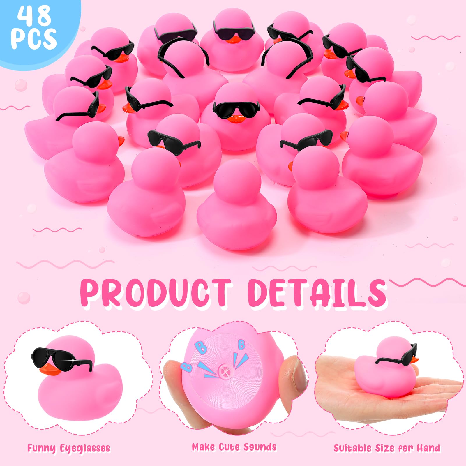 Sosation 48 Pack Mini Rubber Ducks with Sunglasses Sets Squeaky Bath Toys Float Bathtub Duckies for Little One Birthday Party Favors Class Carnival Prizes Car Decor(Pink)