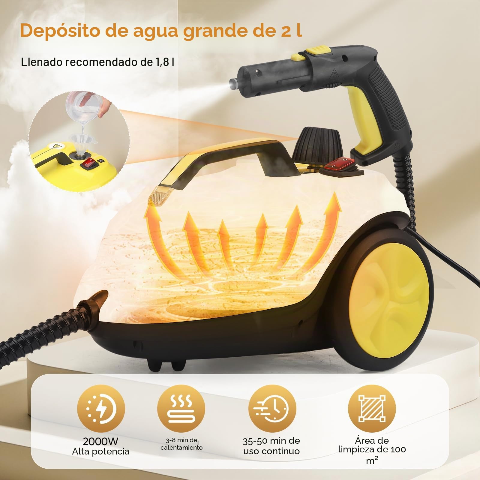 Limpiador a Vapor, 2100W Vaporeta Limpieza Hogar, Rápido a 320 °F, Depósito 2L, Presión 5 bar,Vaporeta Limpieza Hogar Potente para Muebles de Cocina, baño, Automóvil, Piso y Sofá